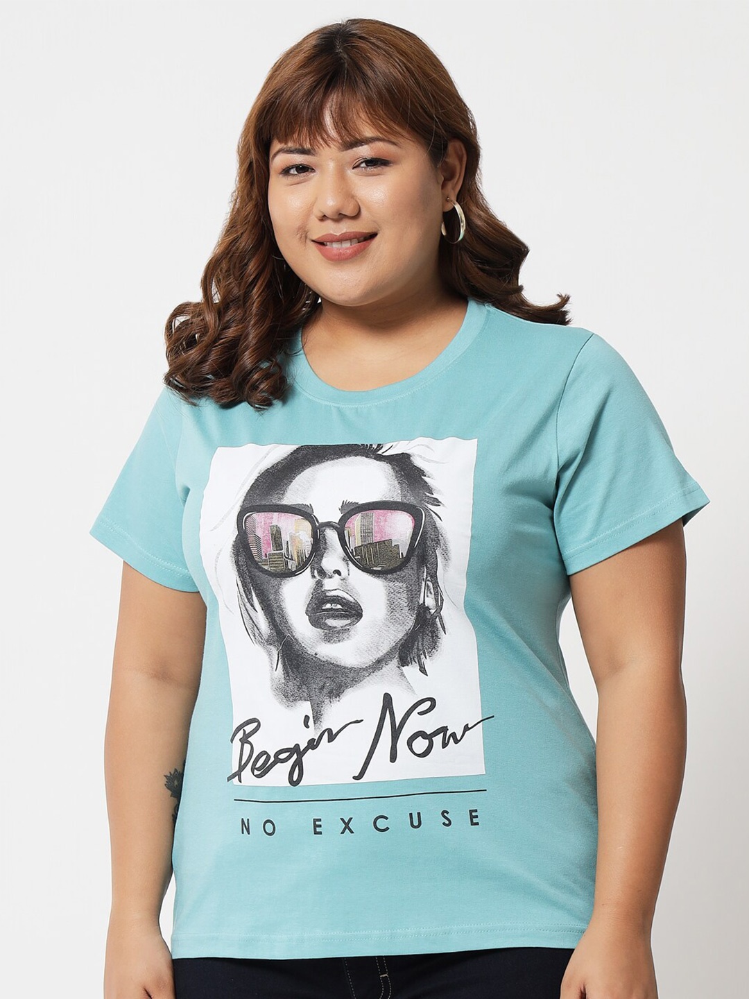 

BEYOUND SIZE - THE DRY STATE Women Plus Size Turquoise Blue Graphic Printed T-shirt