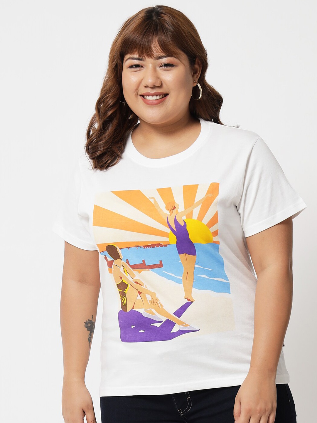 

BEYOUND SIZE - THE DRY STATE Women White Printed Raw Edge T-shirt