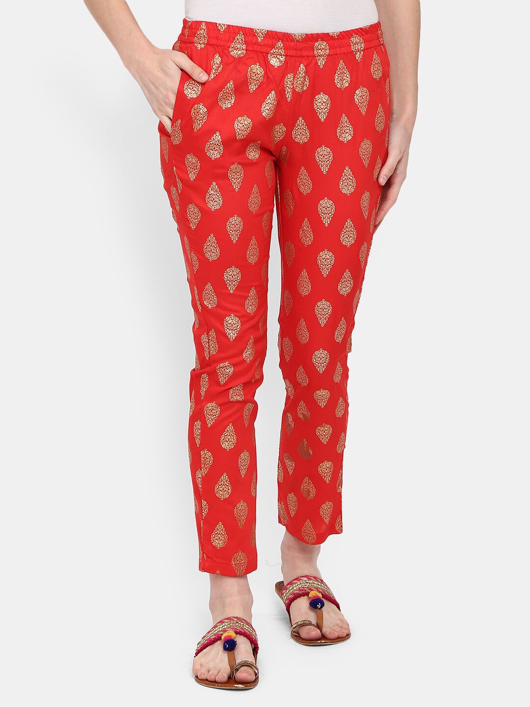 

V-Mart Women Red & Gold-Toned Ethnic Motifs Printed Cropped Ethnic Trousers