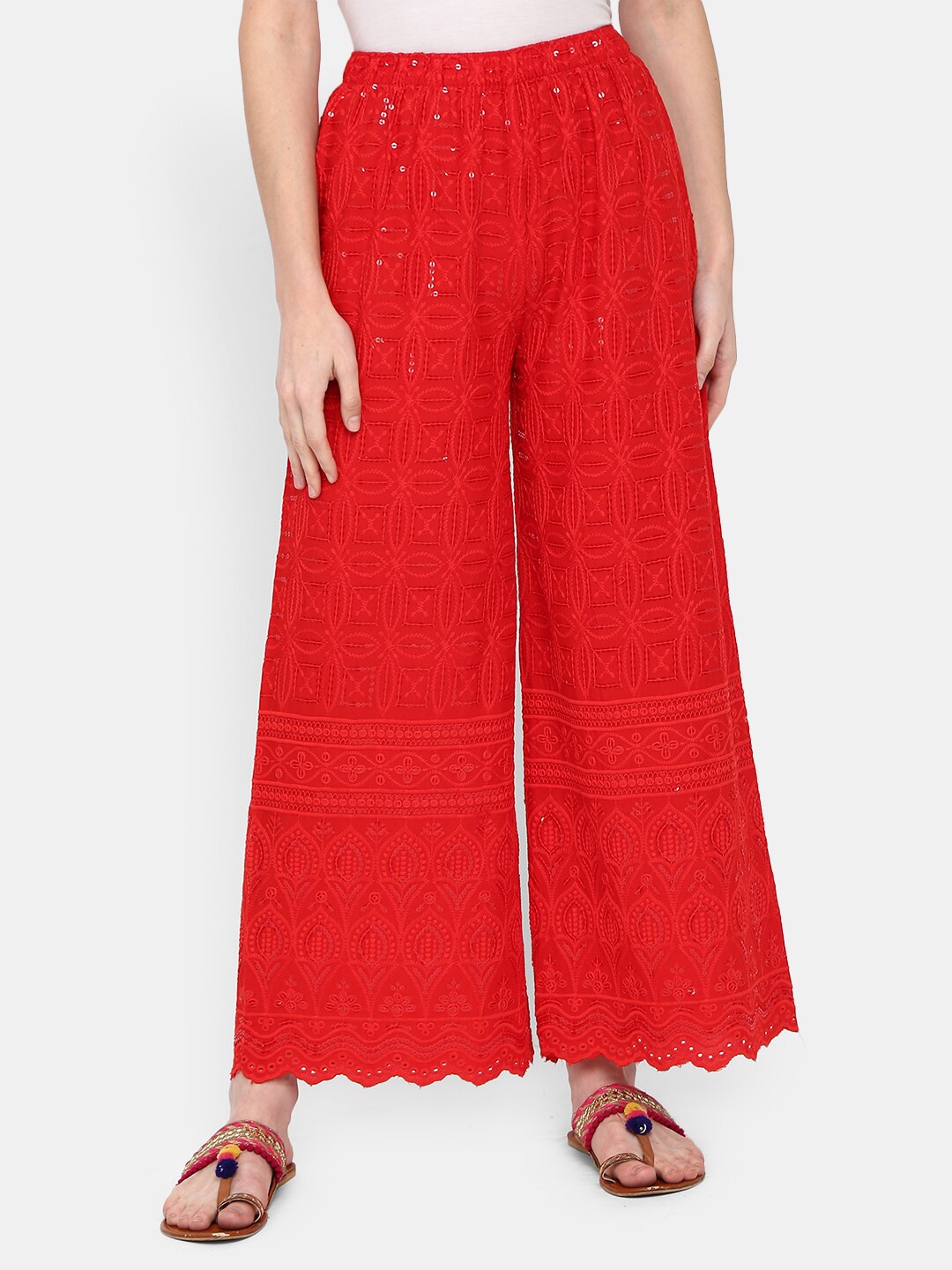 

V-Mart Women Red Floral Embroidered Ethnic Palazzos