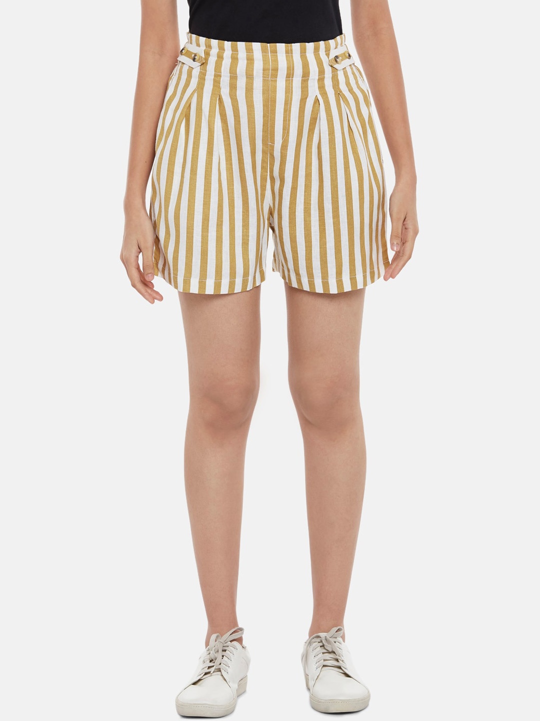 

Honey by Pantaloons Women Khaki & White Striped High-Rise Linen Shorts