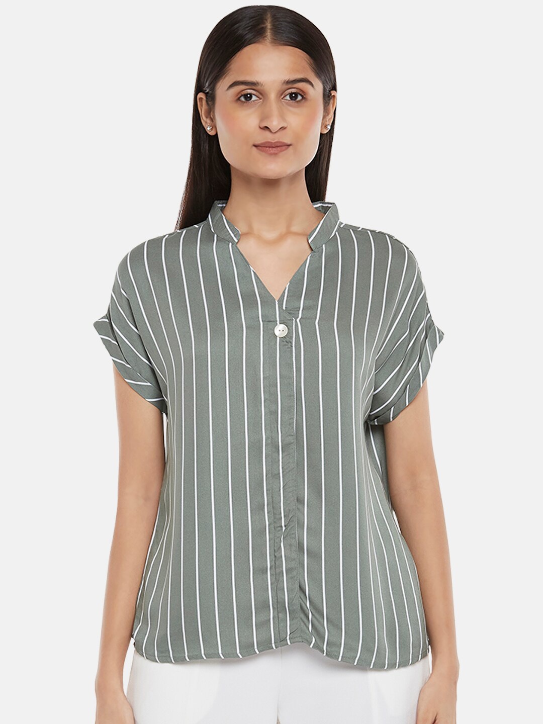 

Honey by Pantaloons Olive Green Striped Mandarin Collar Extended Sleeves Shirt Style Top