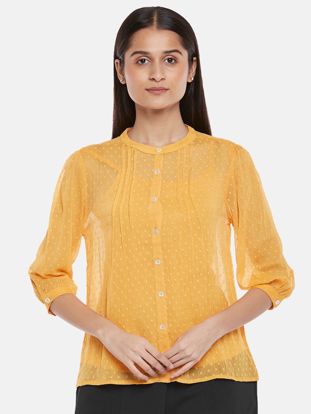 

Honey by Pantaloons Yellow Mandarin Collar Shirt Style Top