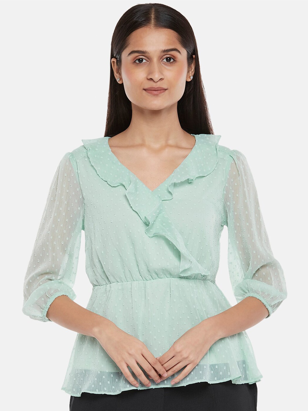 

Honey by Pantaloons Sea Green Ruffled Cinched Waist Top