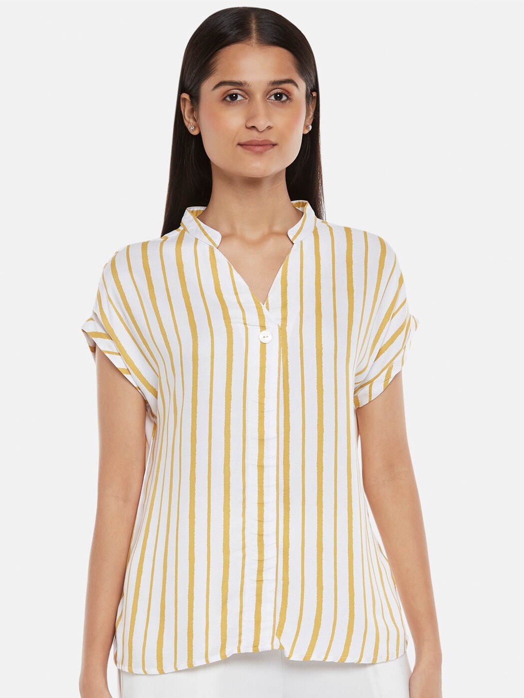 

Honey by Pantaloons Mustard Yellow Striped Mandarin Collar Extended Sleeves Shirt Style Top