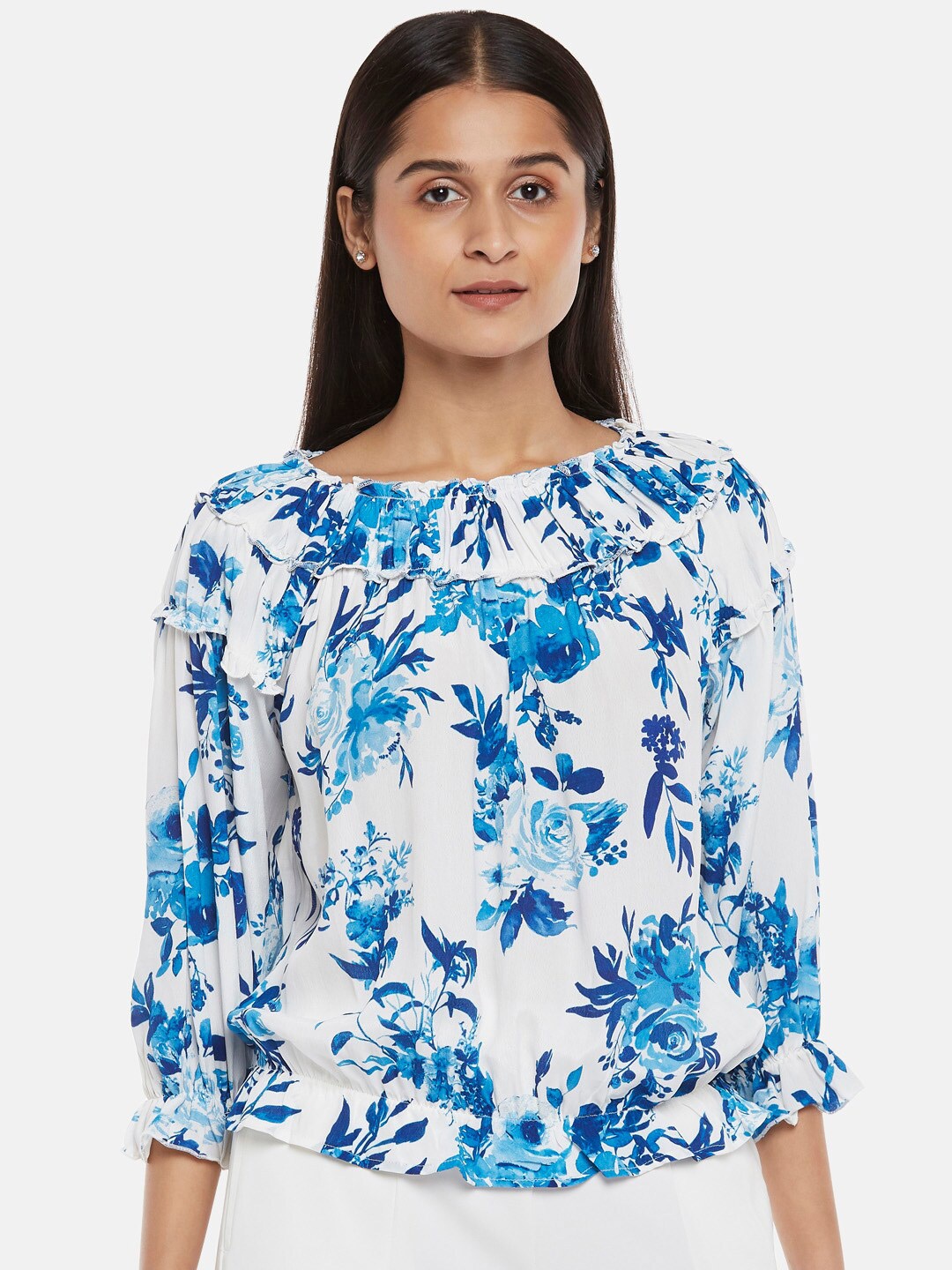 

Honey by Pantaloons Off White & Blue Floral Print Top