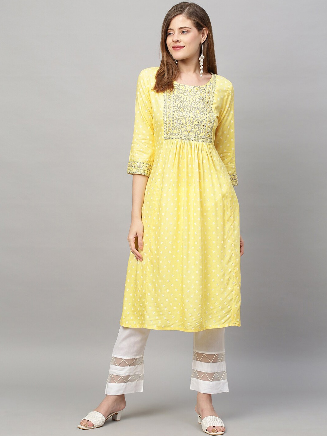 

FASHOR Women Yellow Bandhani Embroidered Thread Work Kurta
