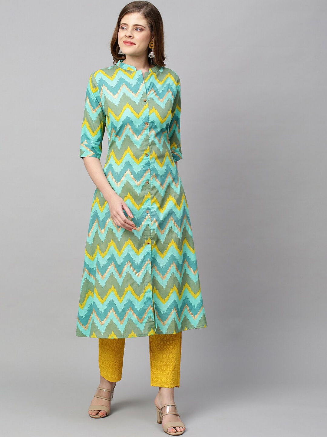 

FASHOR Women Blue & Yellow Chevron Printed Cotton Kurta