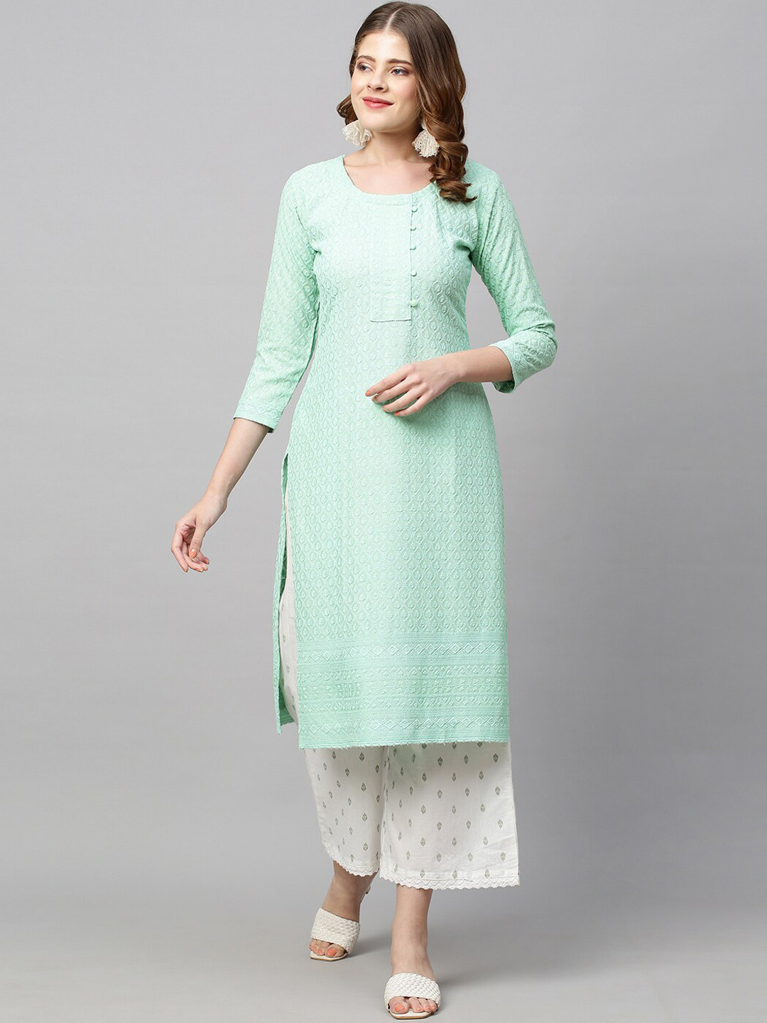 

FASHOR Women Green Viscose Rayon Embroidered Chikankari Kurta