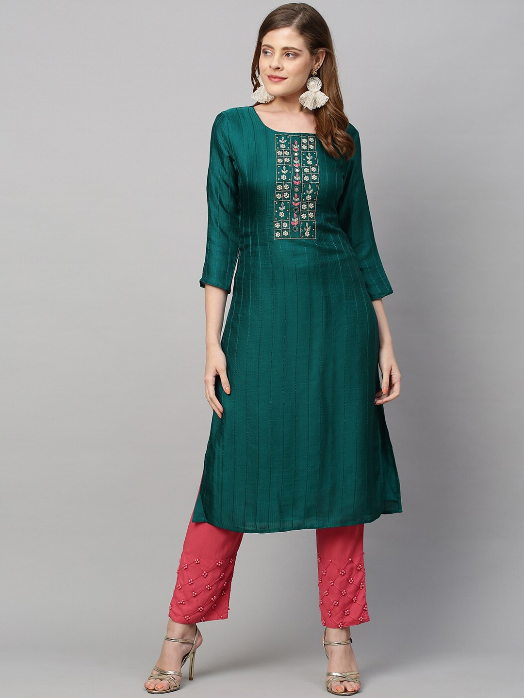 

FASHOR Women Green Yoke Design Satin Kurta