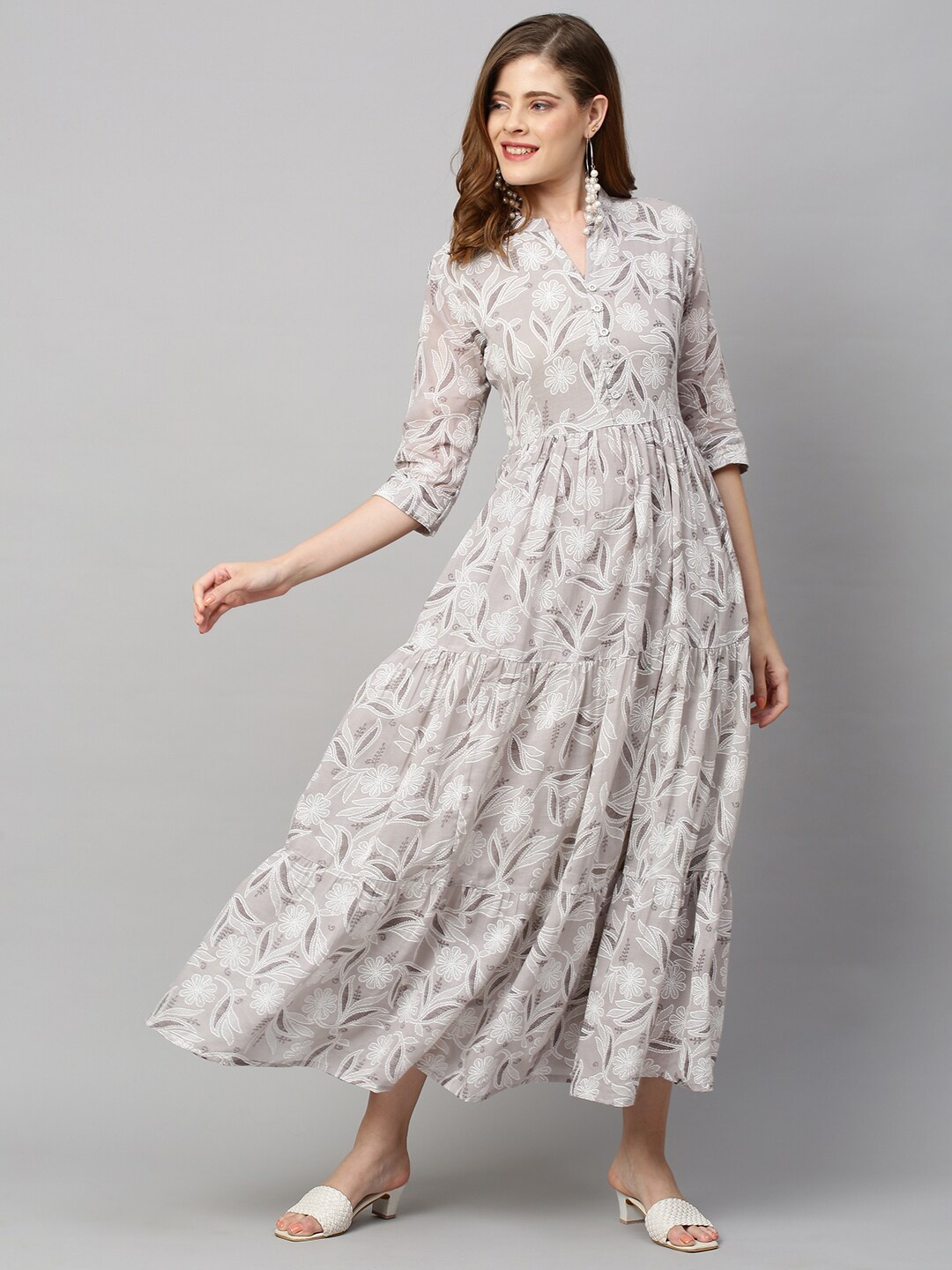 

FASHOR Women Grey Floral Printed Flared Cotton Maxi Dress