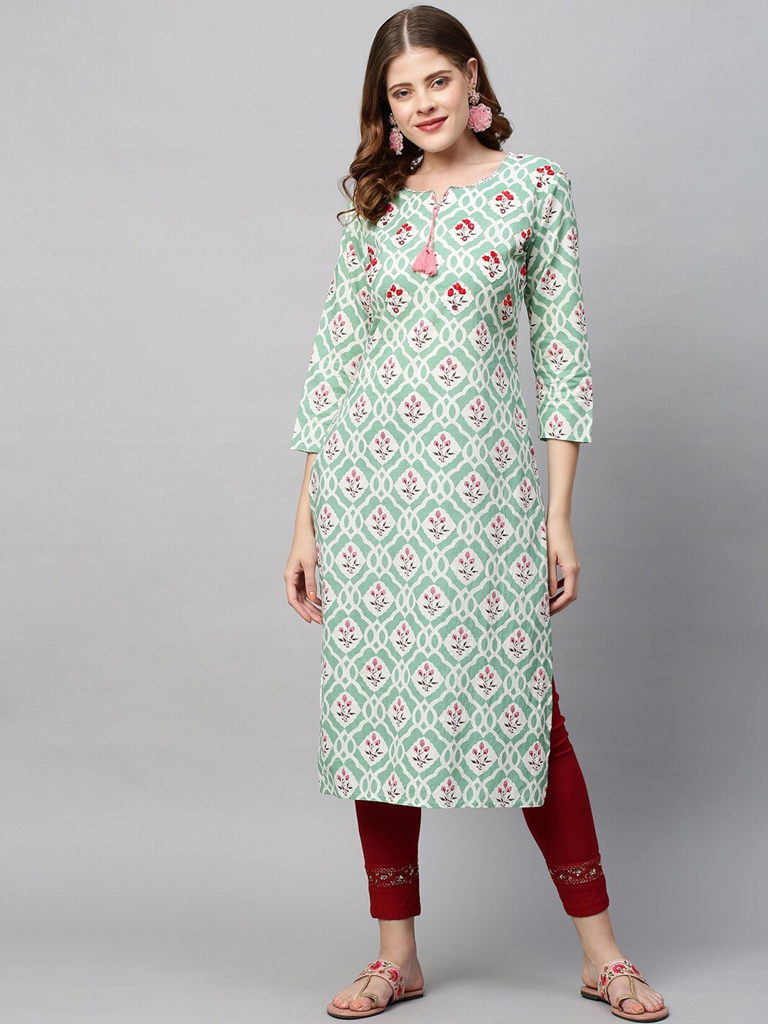 

FASHOR Women Green Floral Embroidered Printed Kurta