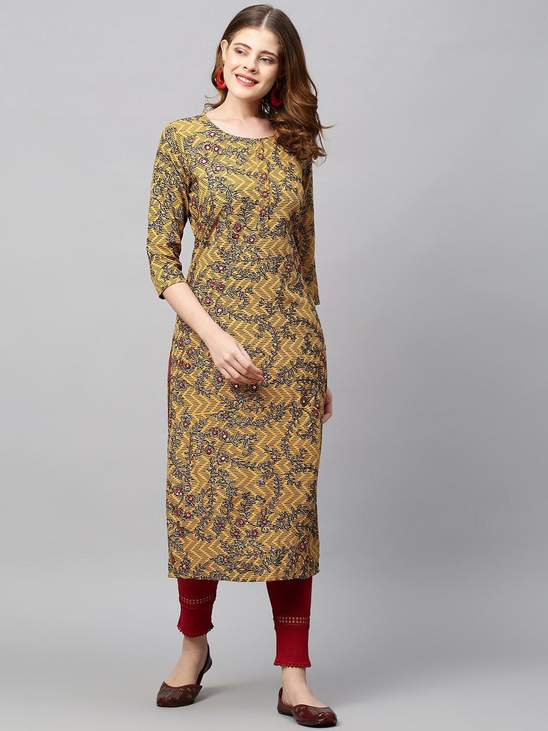 

FASHOR Women Mustard Yellow & Green Floral Printed Kurta