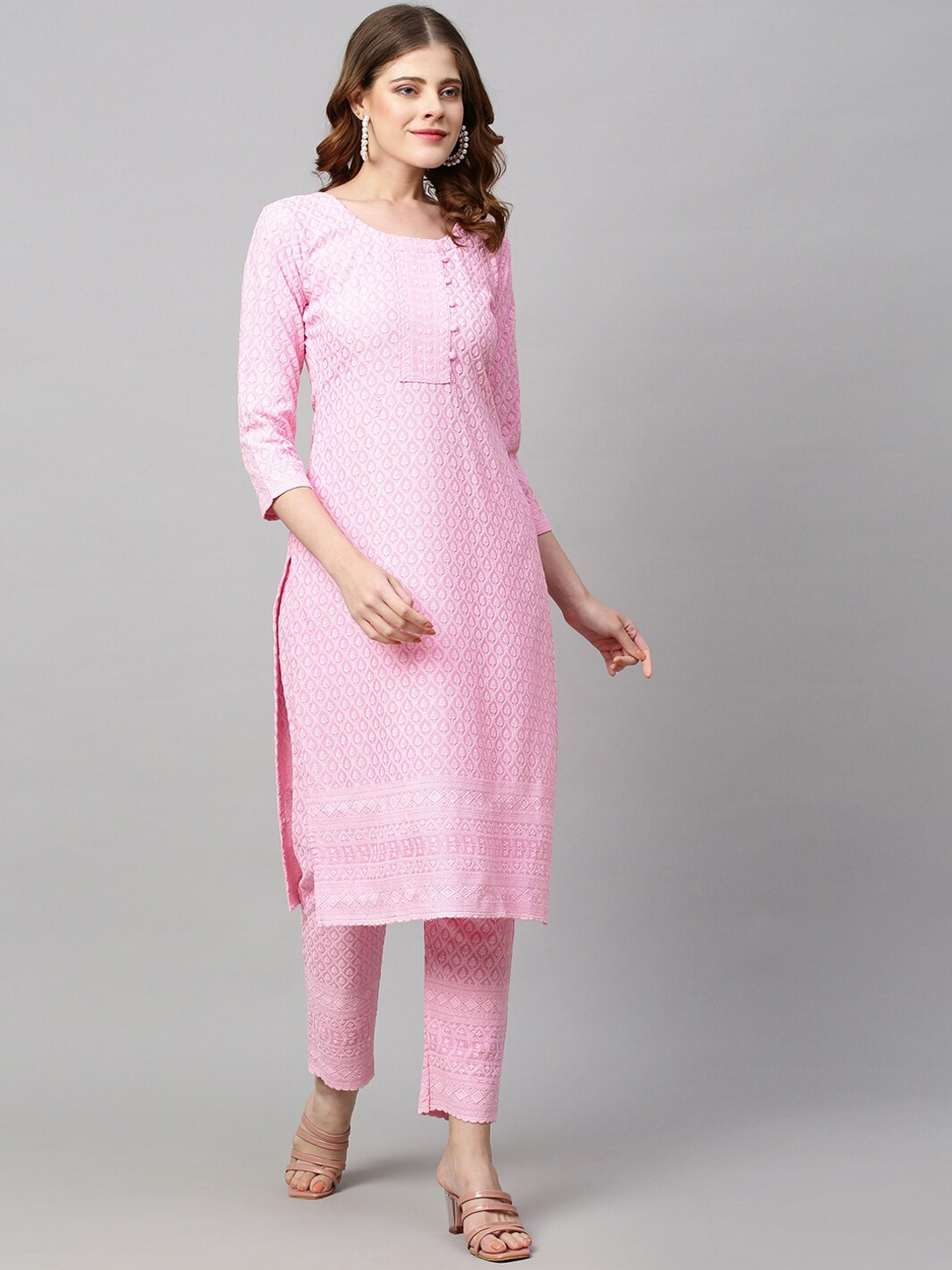 

FASHOR Women Pink Ethnic Motifs Chikankari Kurta