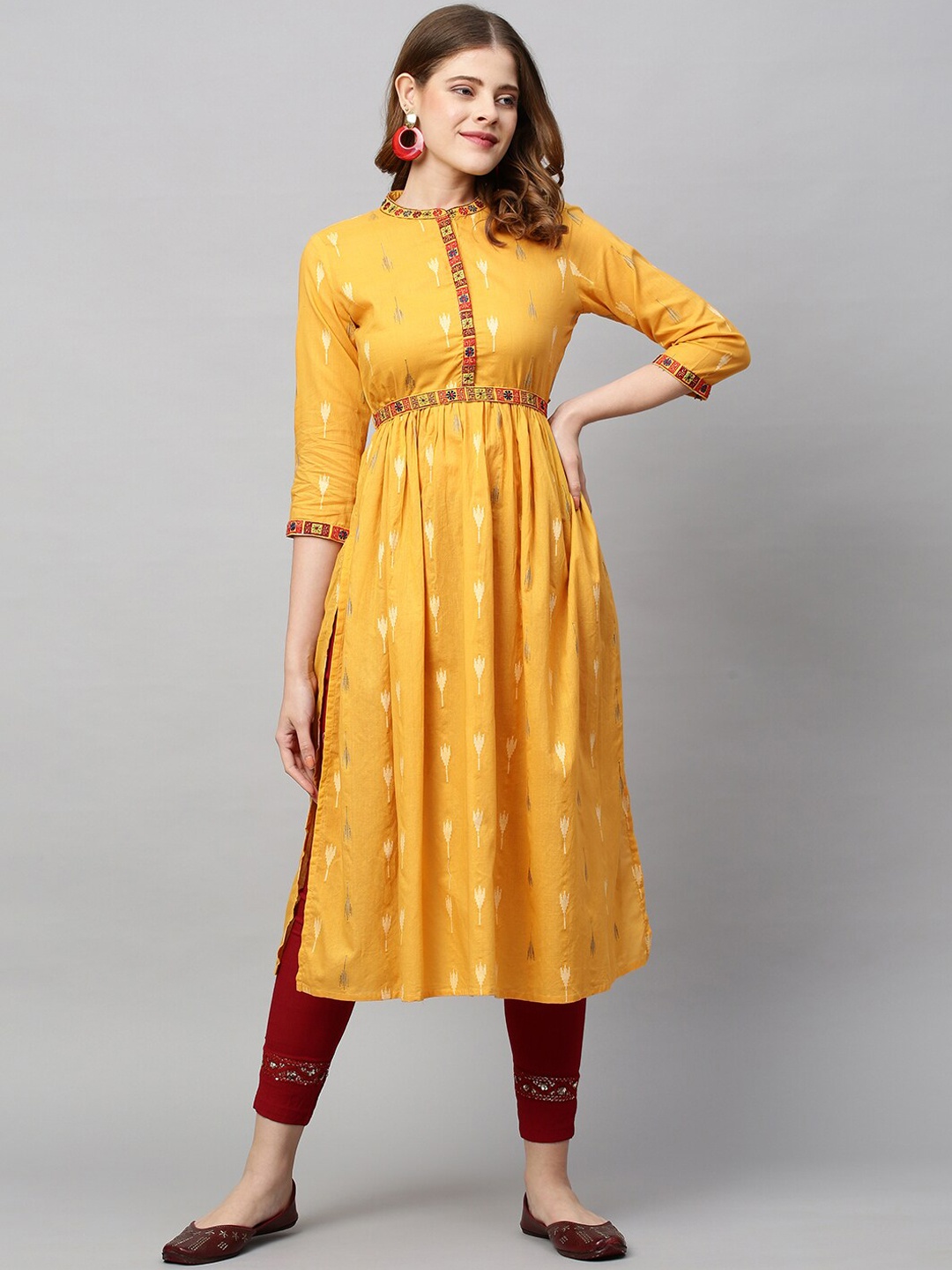 

FASHOR Women Yellow & Red Ethnic Motifs Printed Cotton Kurta with Belt