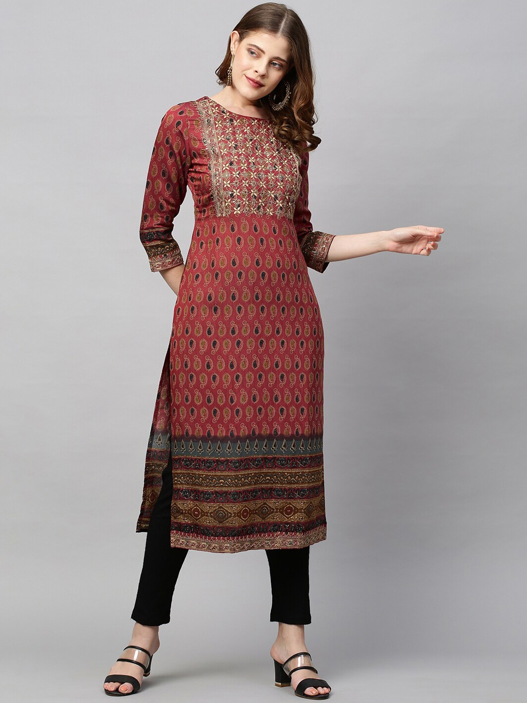 

FASHOR Women Red & White Paisley Printed Thread Work Floral Kurta