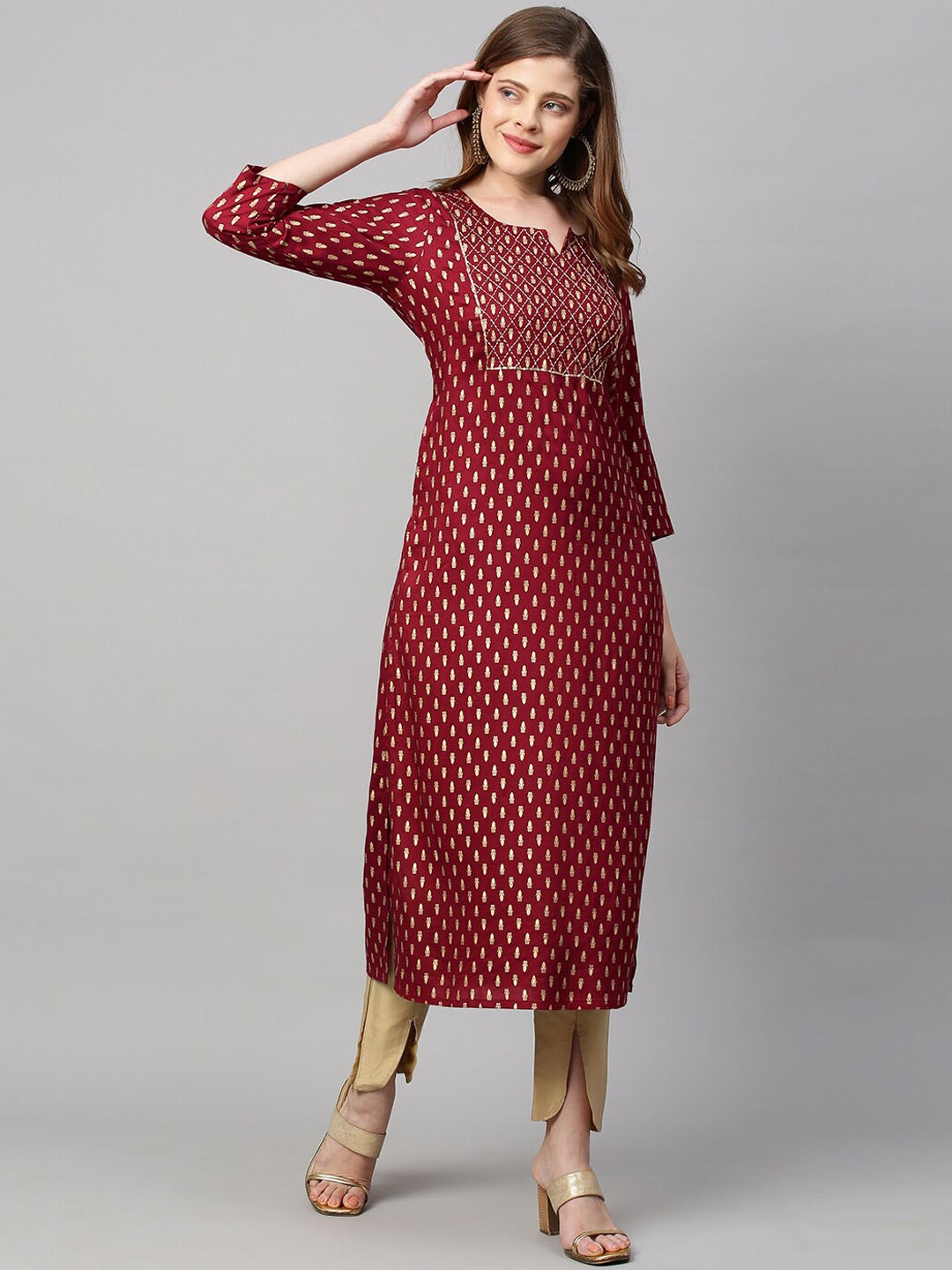 

FASHOR Women Maroon Ethnic Motifs Printed Kurta