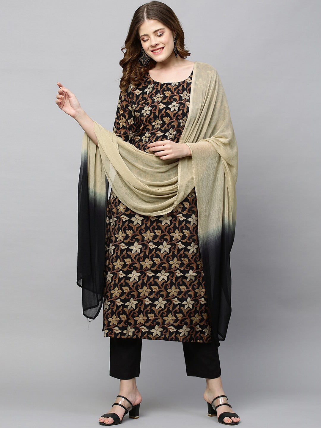 

FASHOR Women Black & Brown Woven Design Kurta