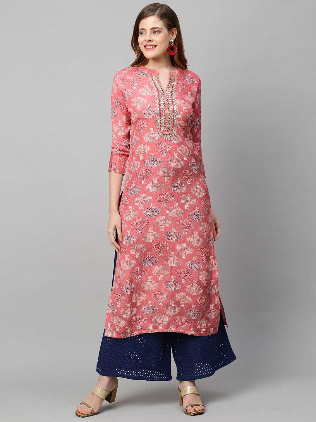 

FASHOR Women Pink Ethnic Motifs Printed Thread Work Kurta