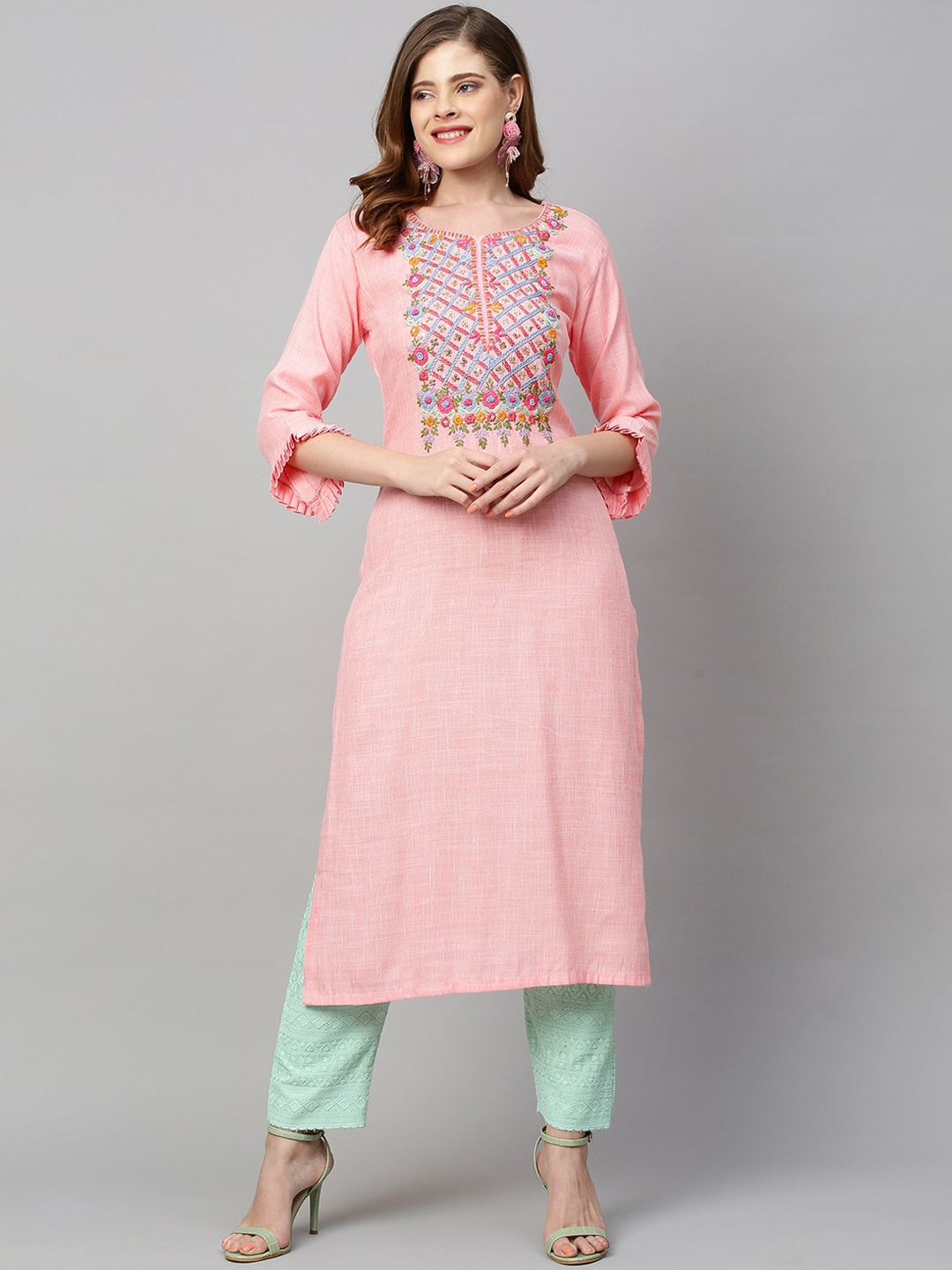 

FASHOR Women Pink Ethnic Motifs Embroidered Thread Work Kurta