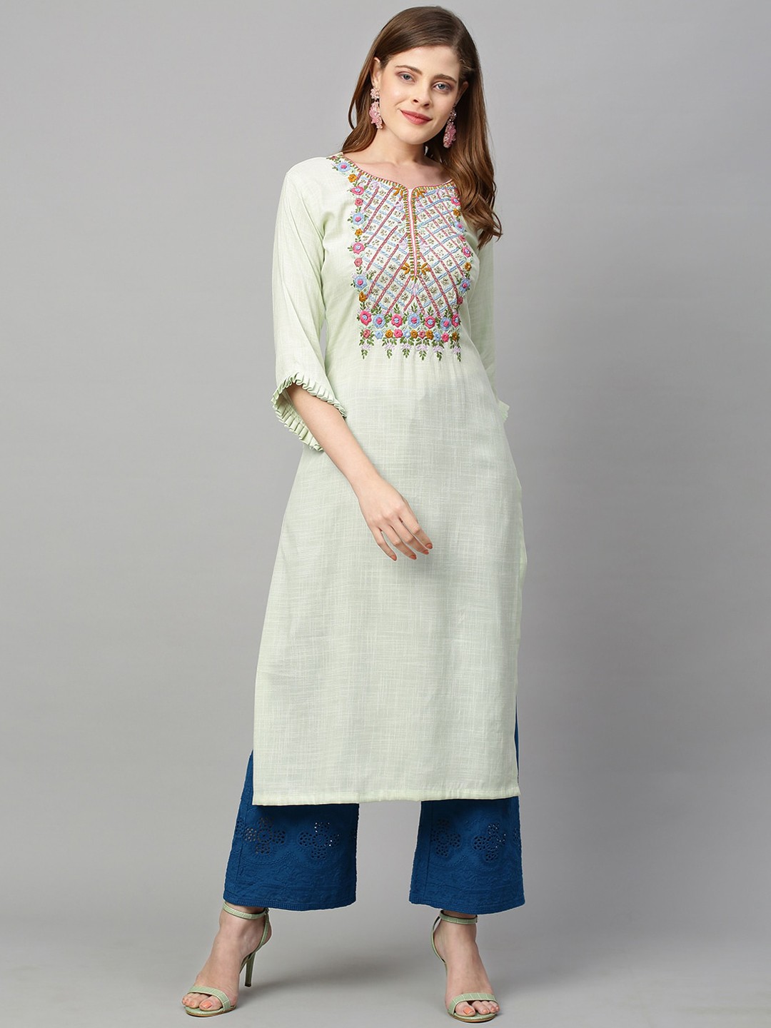 

FASHOR Women Green Floral Hand Embroidered Straight Fit Kurta