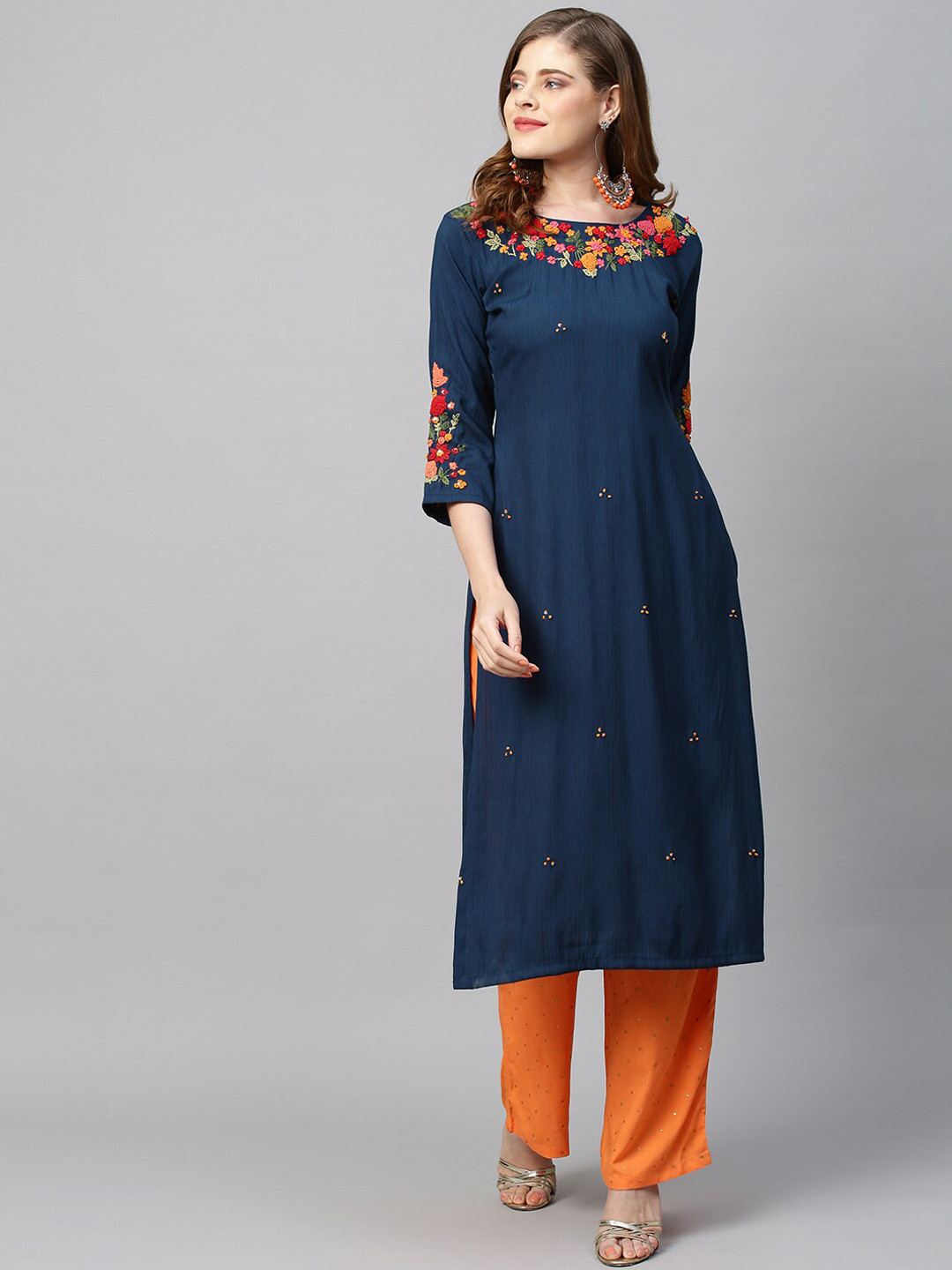 

FASHOR Women Navy Blue Floral Embroidered Kurta