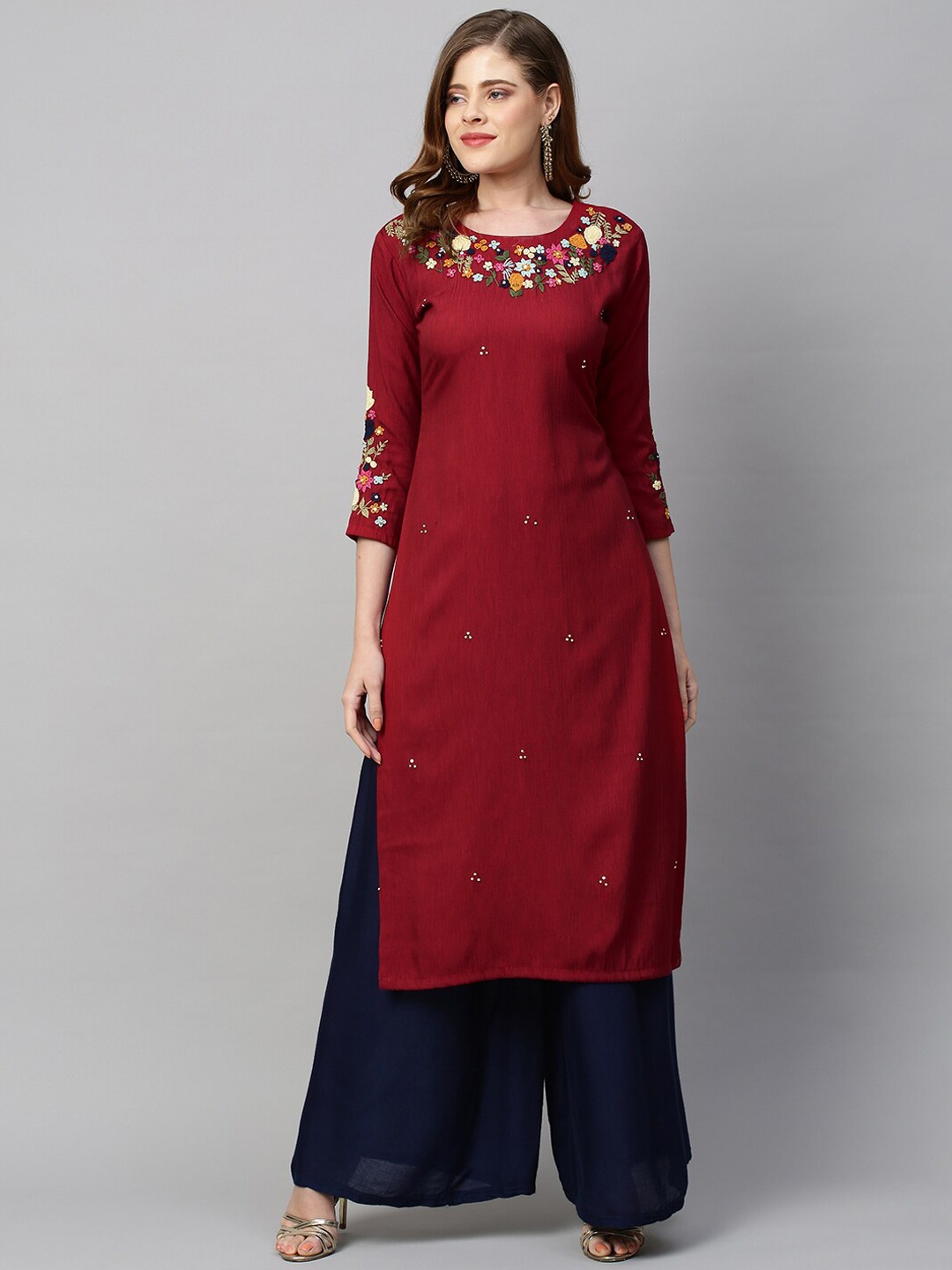 

FASHOR Women Red Embroidered Floral Kurta