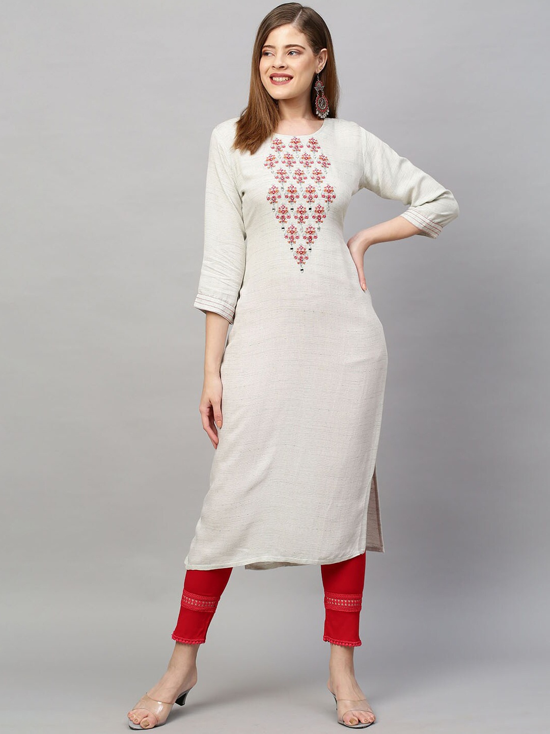 

FASHOR Women Green & Red Floral Printed Thread Work Floral Kurta