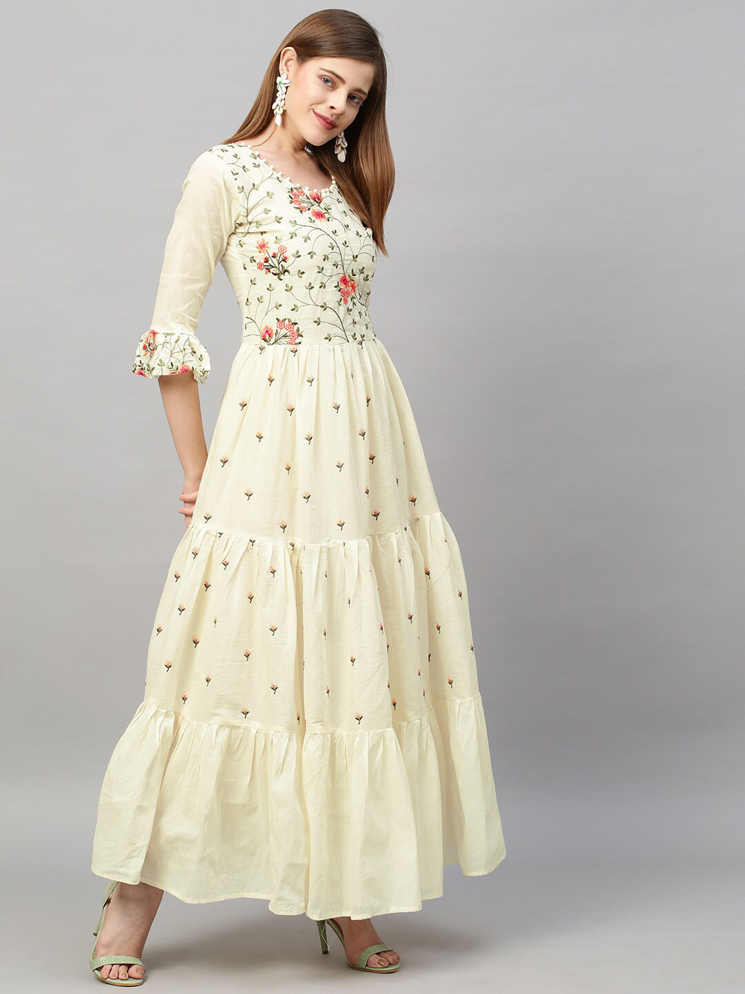 

FASHOR Off White & Pink Floral Embroidered Layered Ethnic Empire Maxi Dress