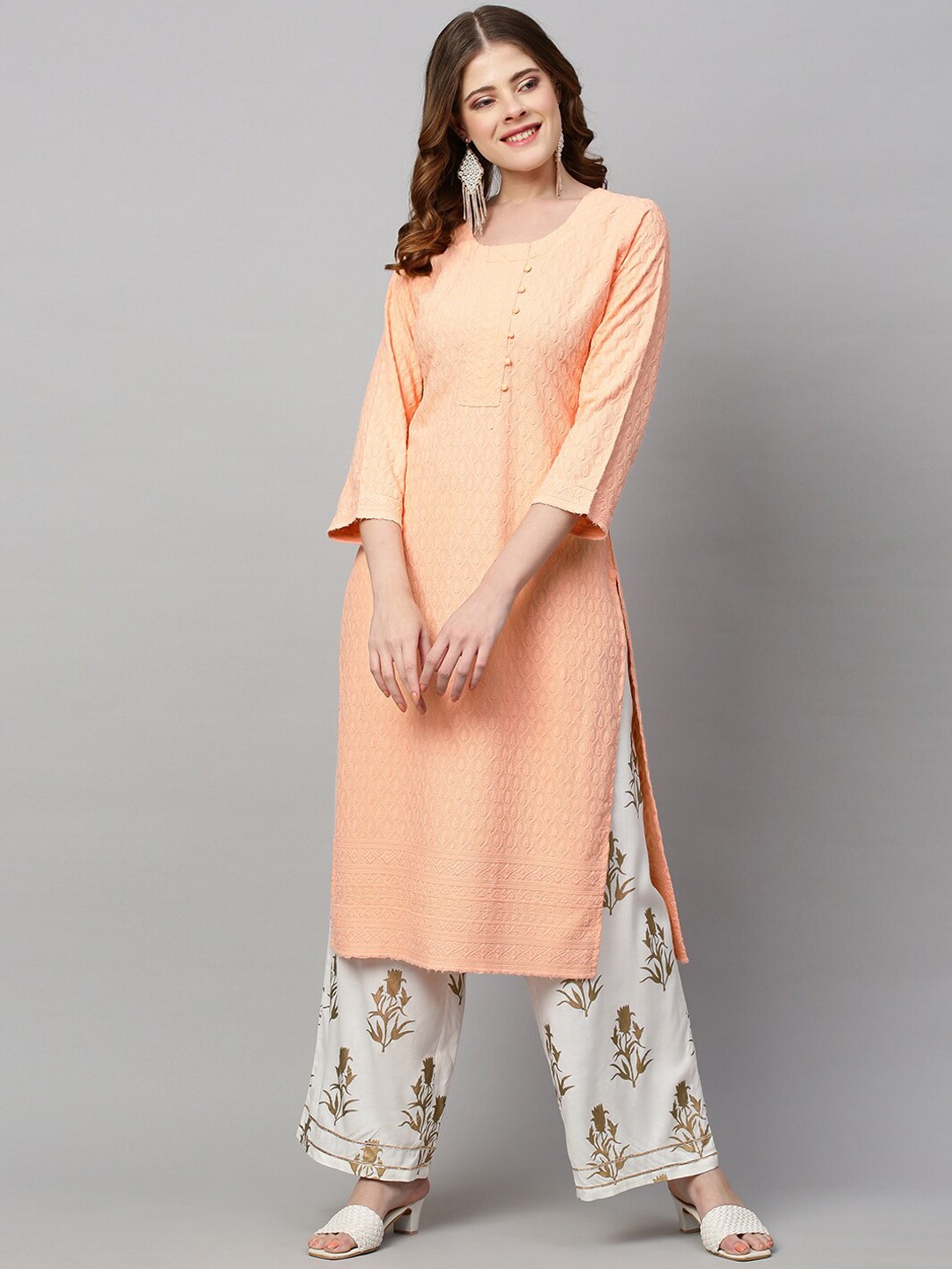 

FASHOR Women Peach-Coloured Embroidered Thread Work Kurta