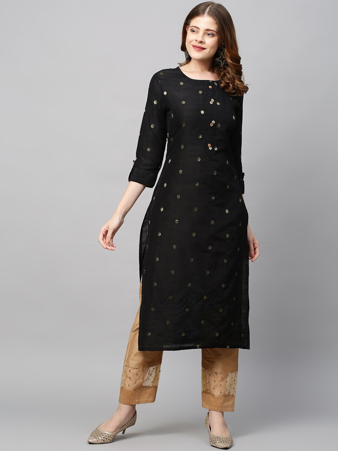

FASHOR Women Black Ethnic Zari Woven Straight Fit Kurta