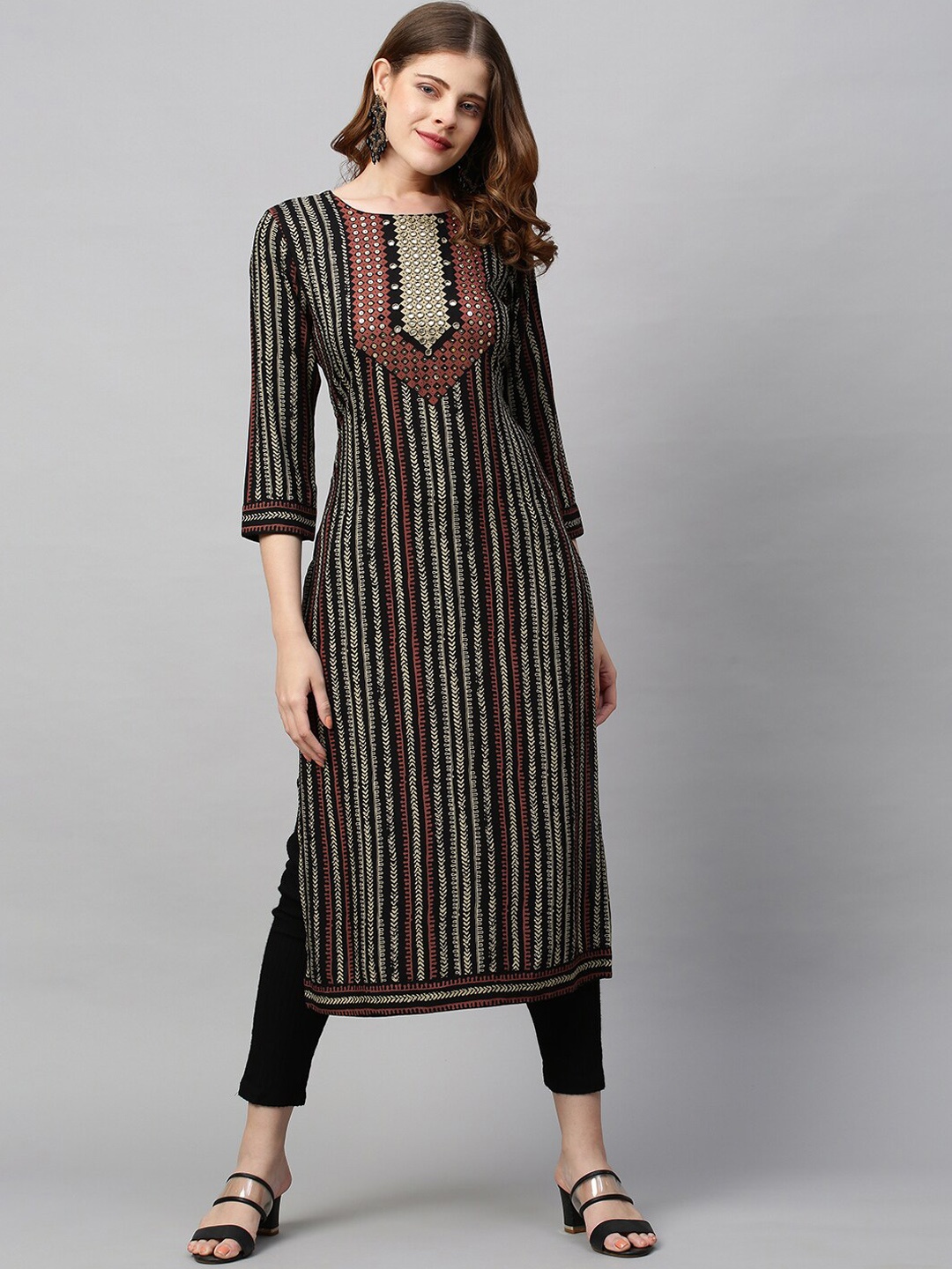 

FASHOR Women Black & Brown Woven Design Kurta