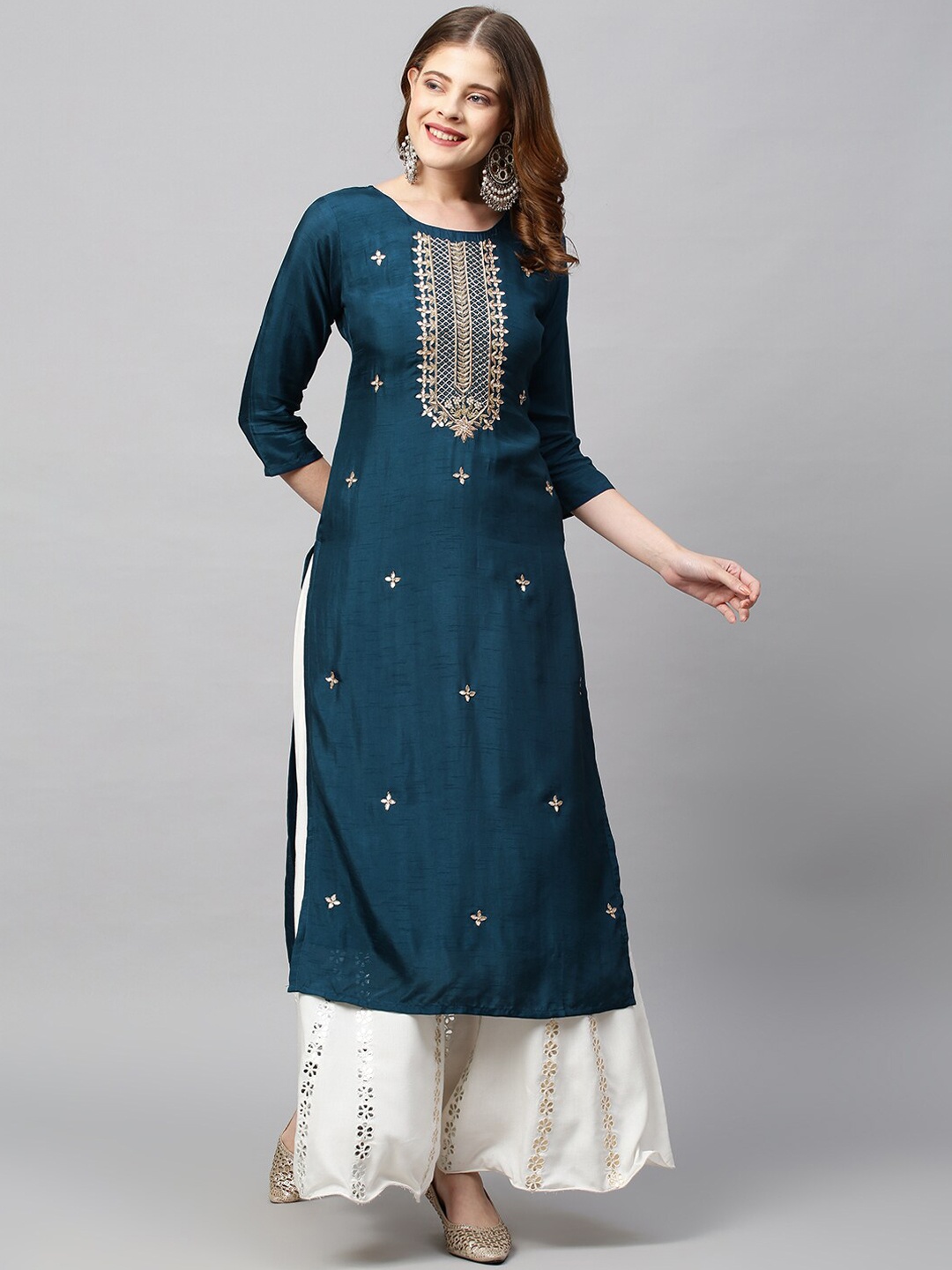 

FASHOR Women Teal Ethnic Motifs Yoke Design Kurta