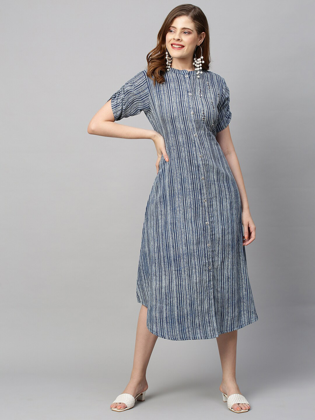 

FASHOR Women Navy Blue Striped A-Line Midi Dress