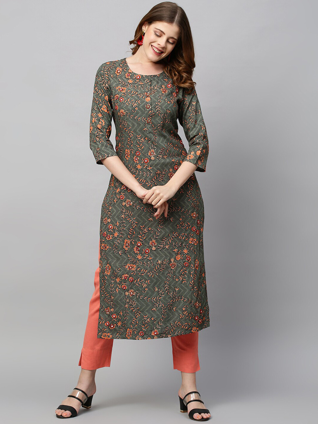 

FASHOR Women Green Floral Printed Kurta