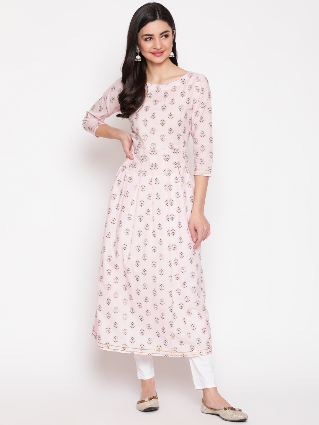 WOMENCLICK Women Pink Floral Printed Pure Cotton Anarkali Kurta