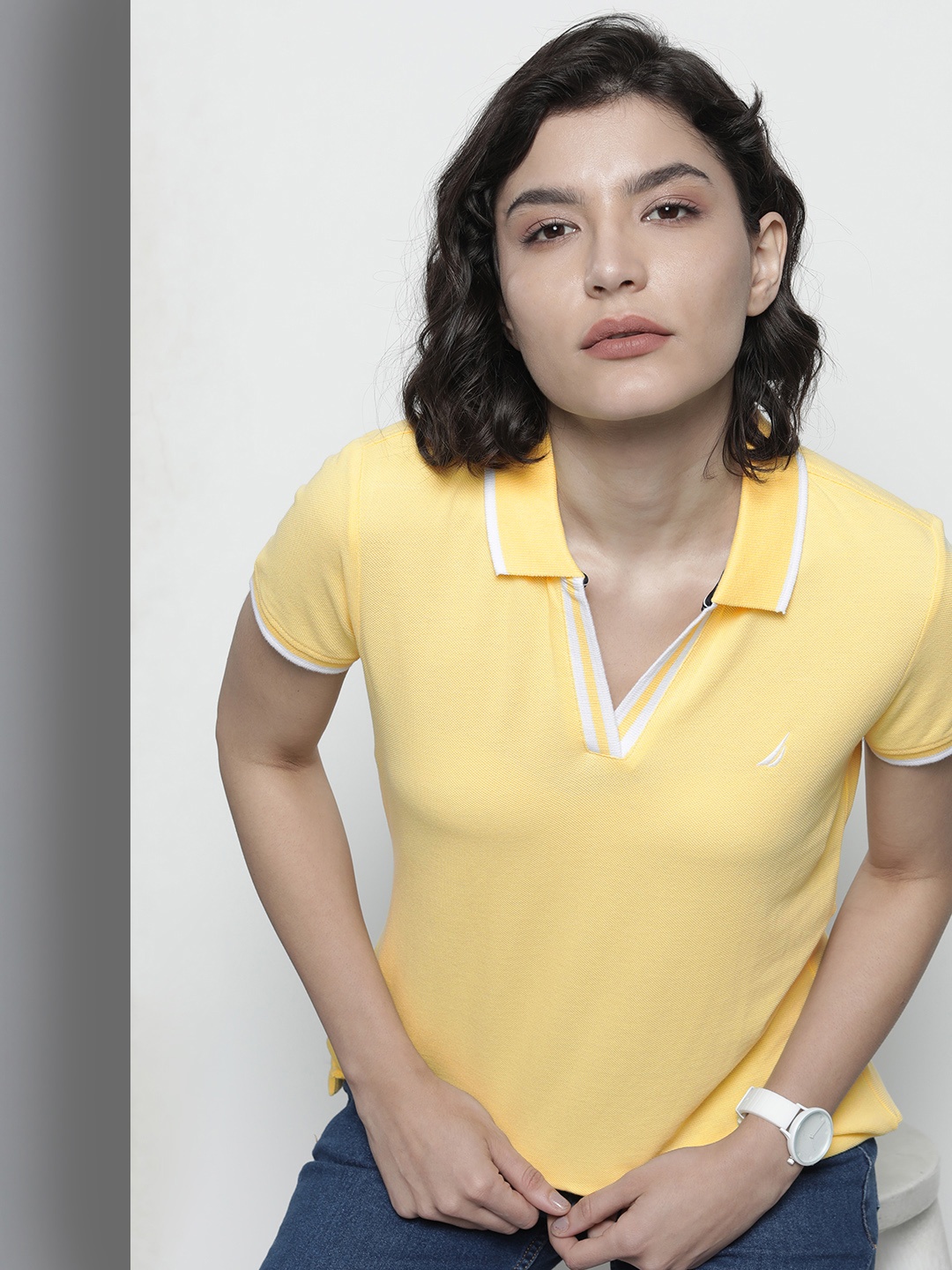 

Nautica Women Yellow Solid Pure Cotton Polo Collar T-shirt