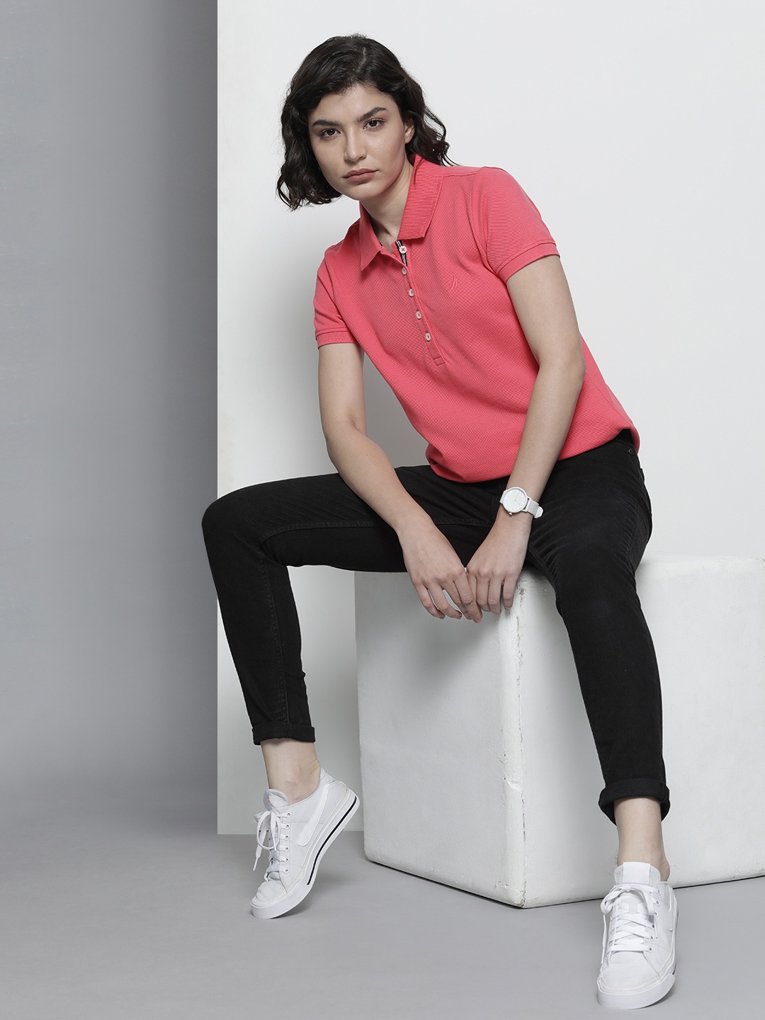 

Nautica Women Pink Solid Polo Collar Pure Cotton T-shirt