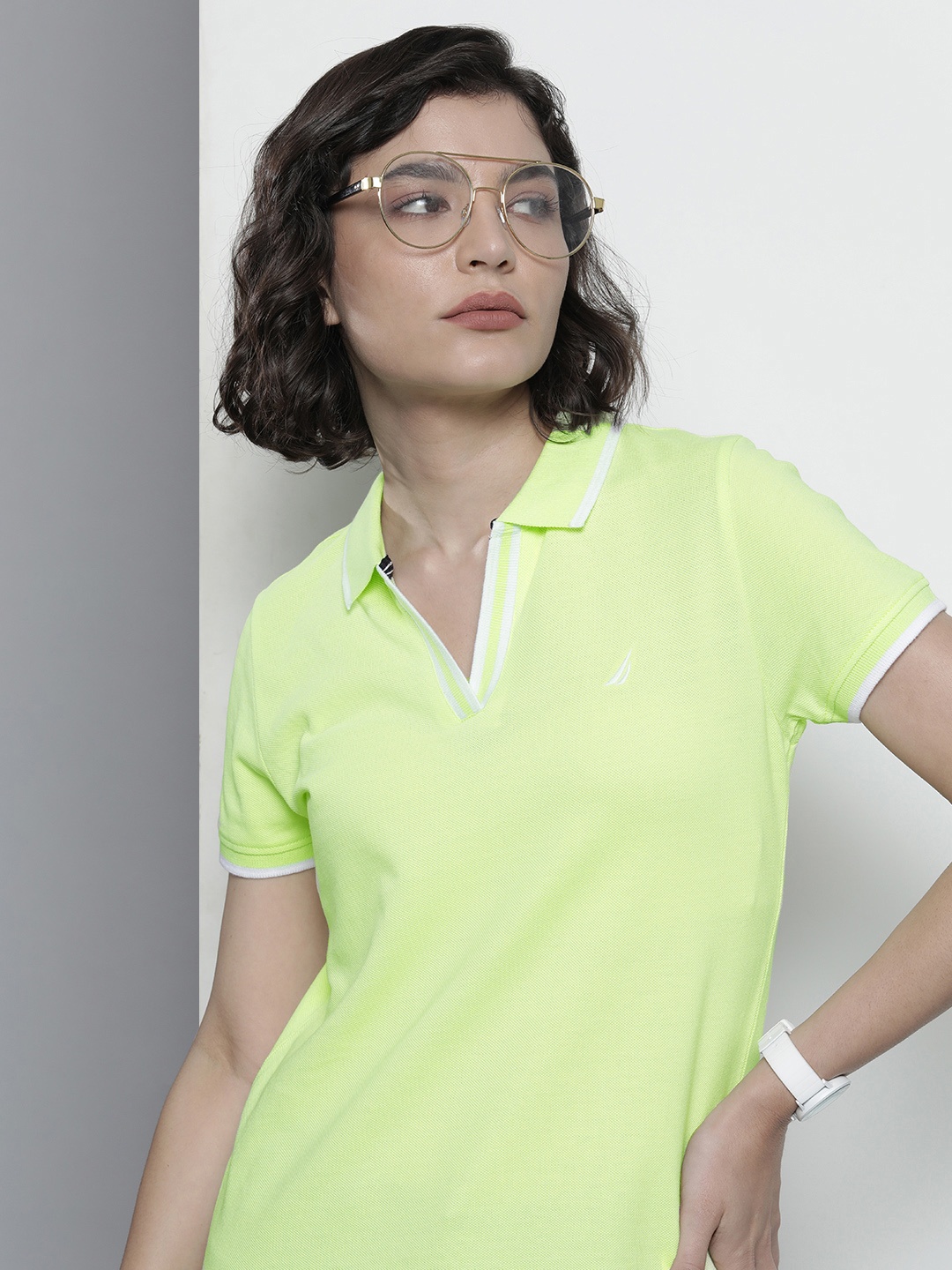 

Nautica Women Lime Green Solid Polo Collar Pure Cotton T-shirt