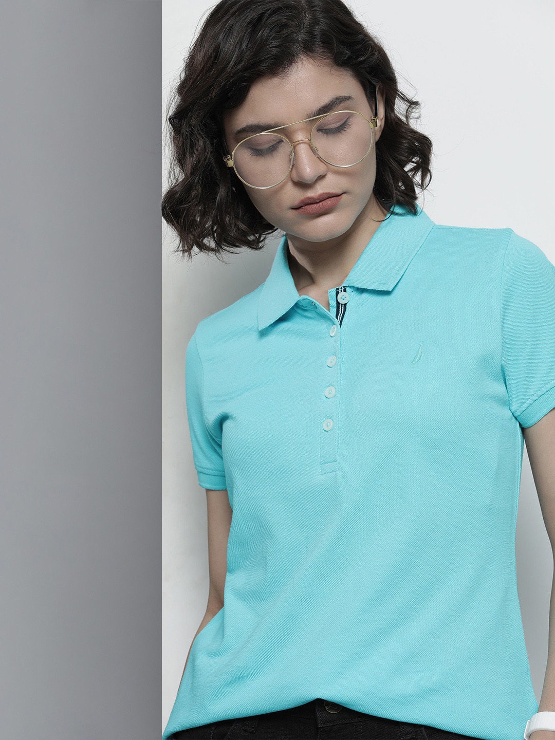 

Nautica Women Blue Solid Pure Cotton Polo Collar T-shirt
