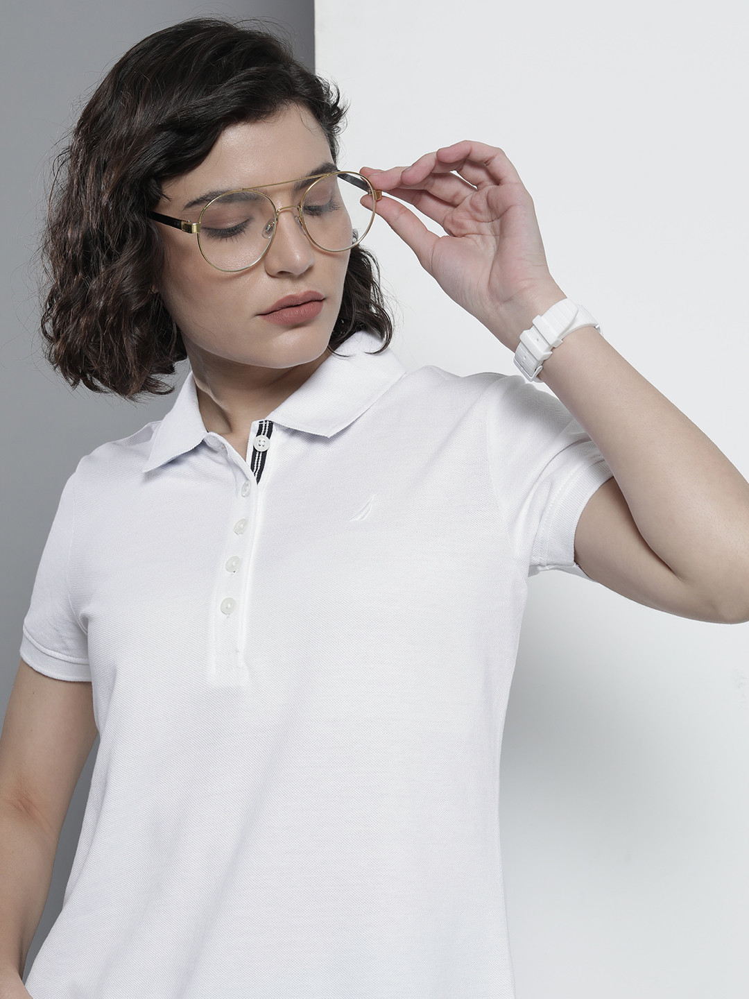 

Nautica Women White Solid Polo Collar Pure Cotton T-shirt