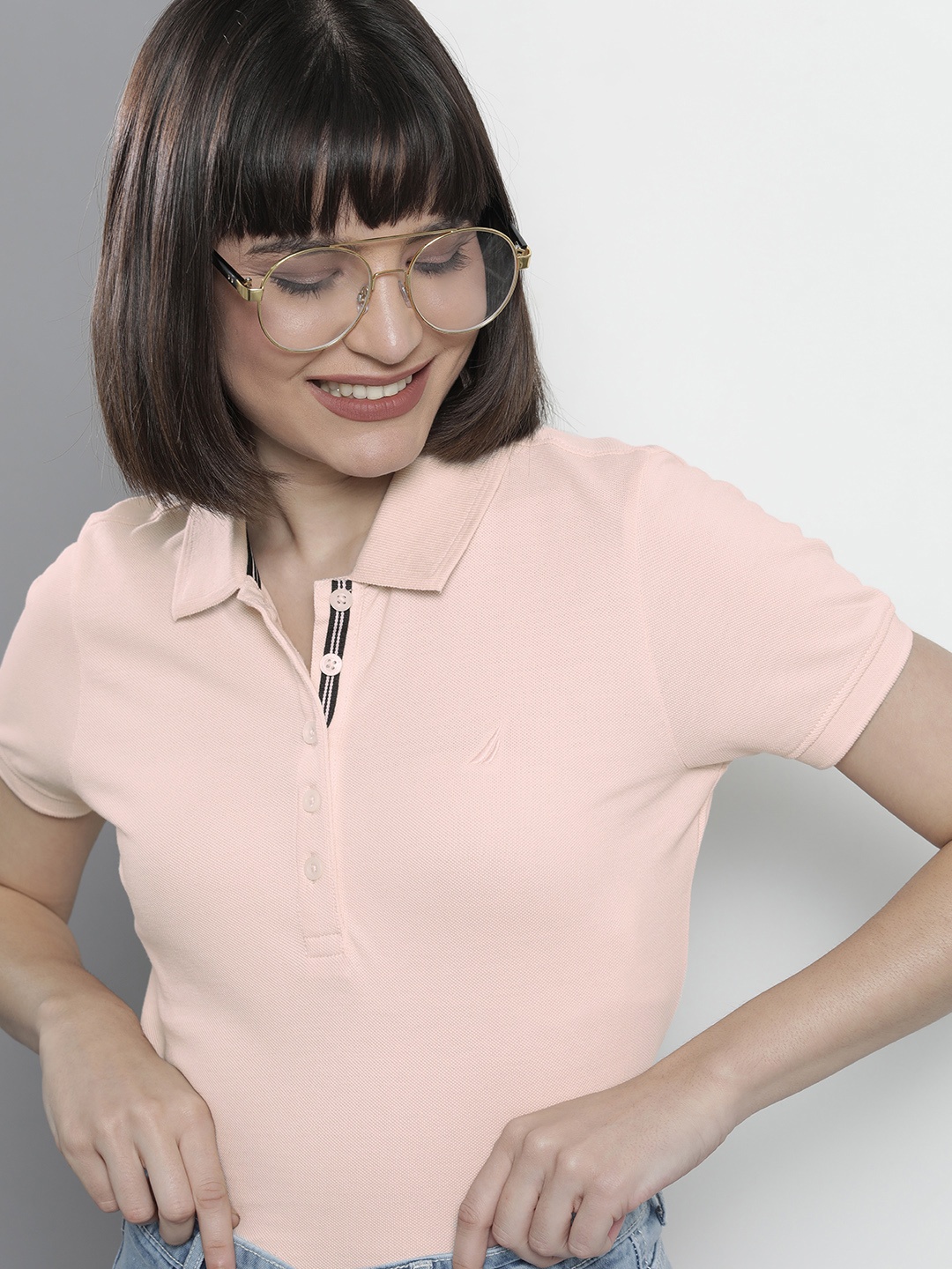

Nautica Women Peach-Coloured Solid Polo Collar Pure Cotton T-shirt