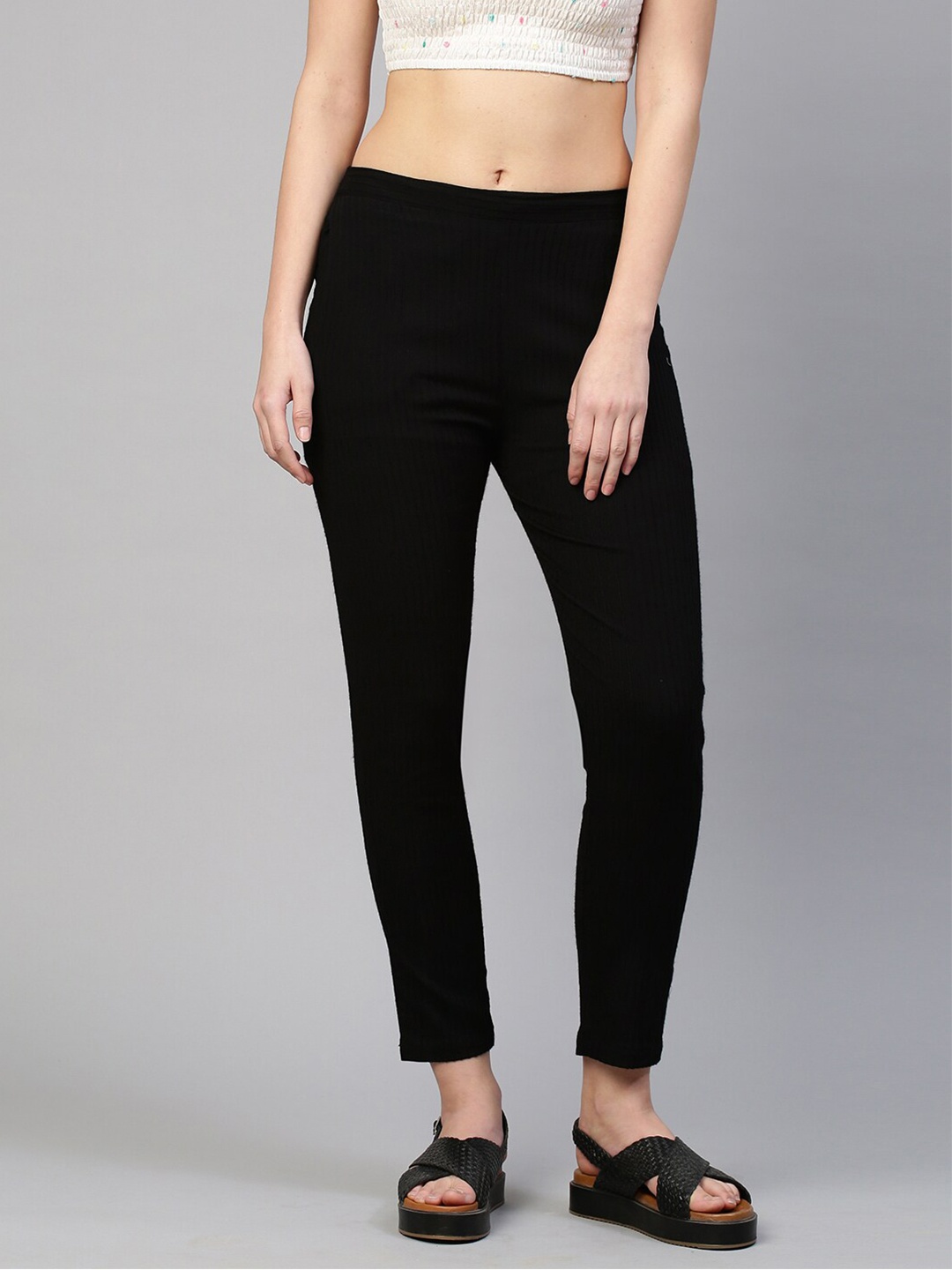 

FASHOR Women Black Striped Slim-Fit Jeggings