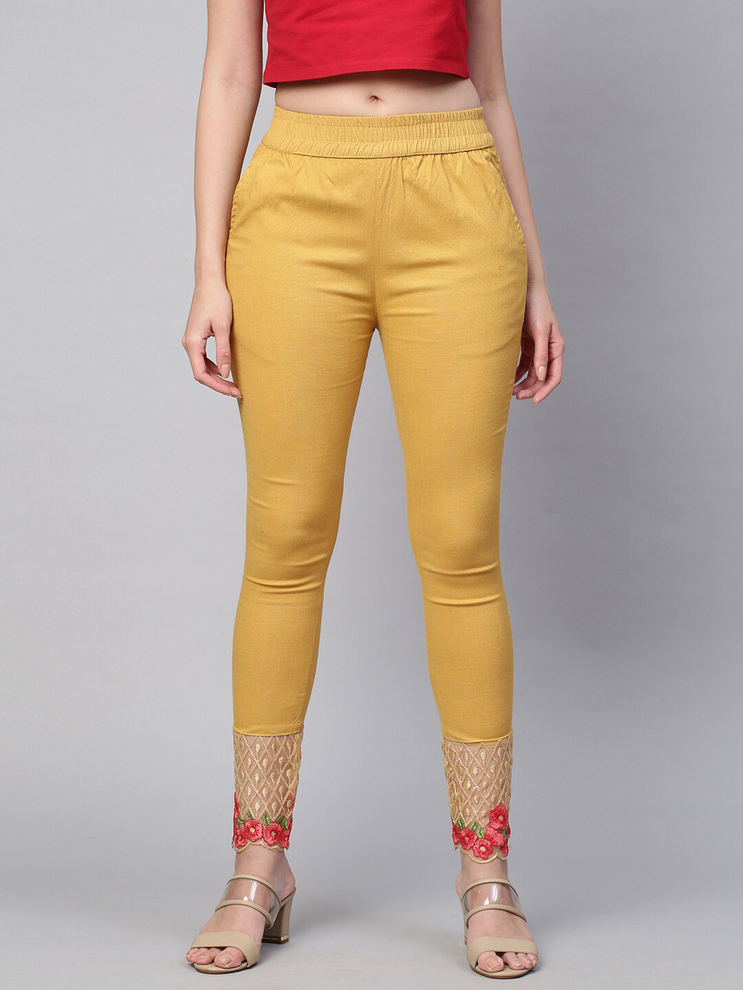 

FASHOR Women Mustard Yellow Embroidered Skinny-Fit Jeggings