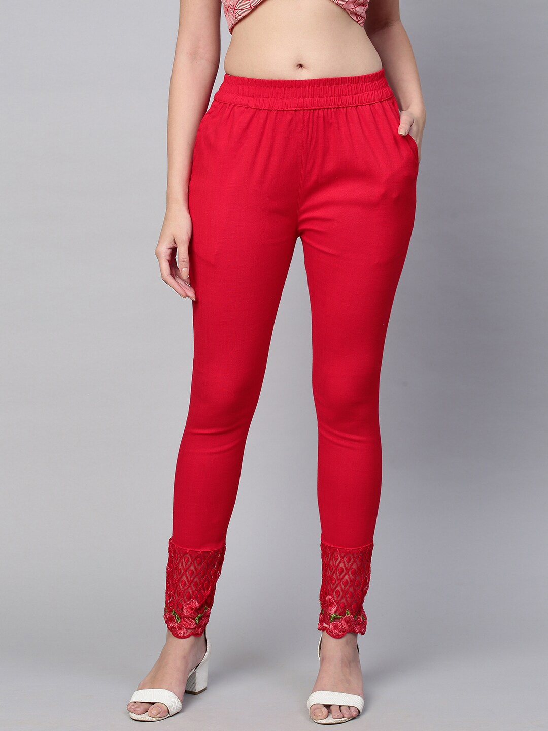 

FASHOR Women Red Embroidered Stretchable Skinny-Fit Jeggings
