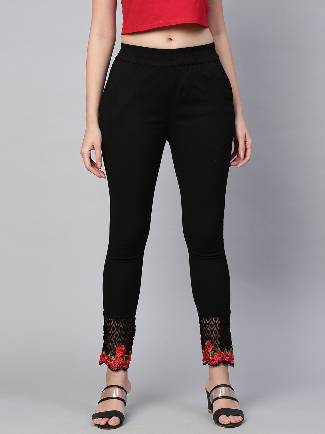 

FASHOR Women Black Embroidered Stretchable Skinny-Fit Jeggings