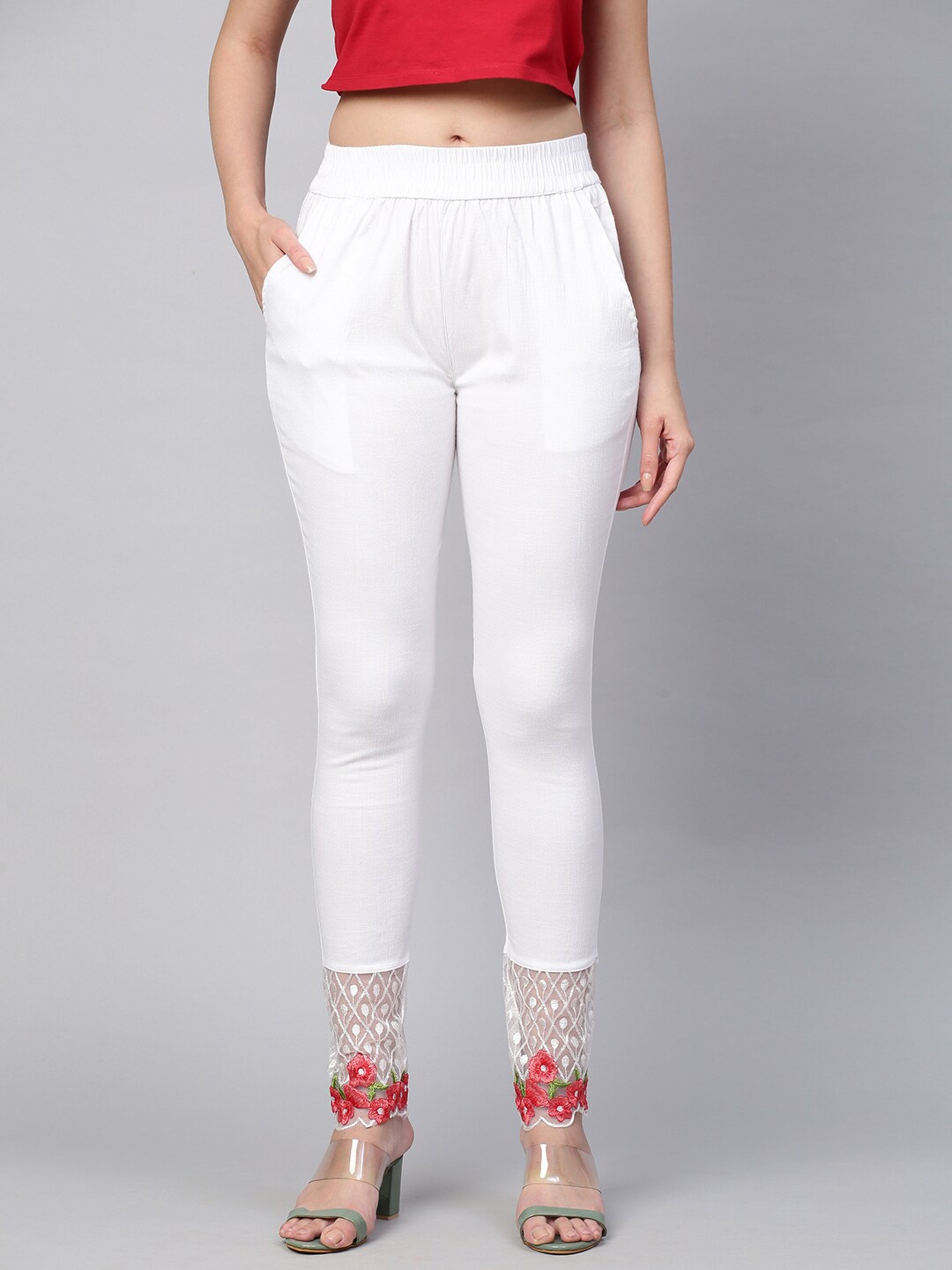 

FASHOR Women White Embroidered Skinny-Fit Jeggings