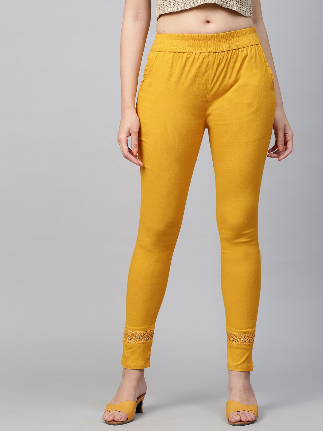 

FASHOR Women Mustard Yellow Embroidered Stretchable Skinny-Fit Jeggings