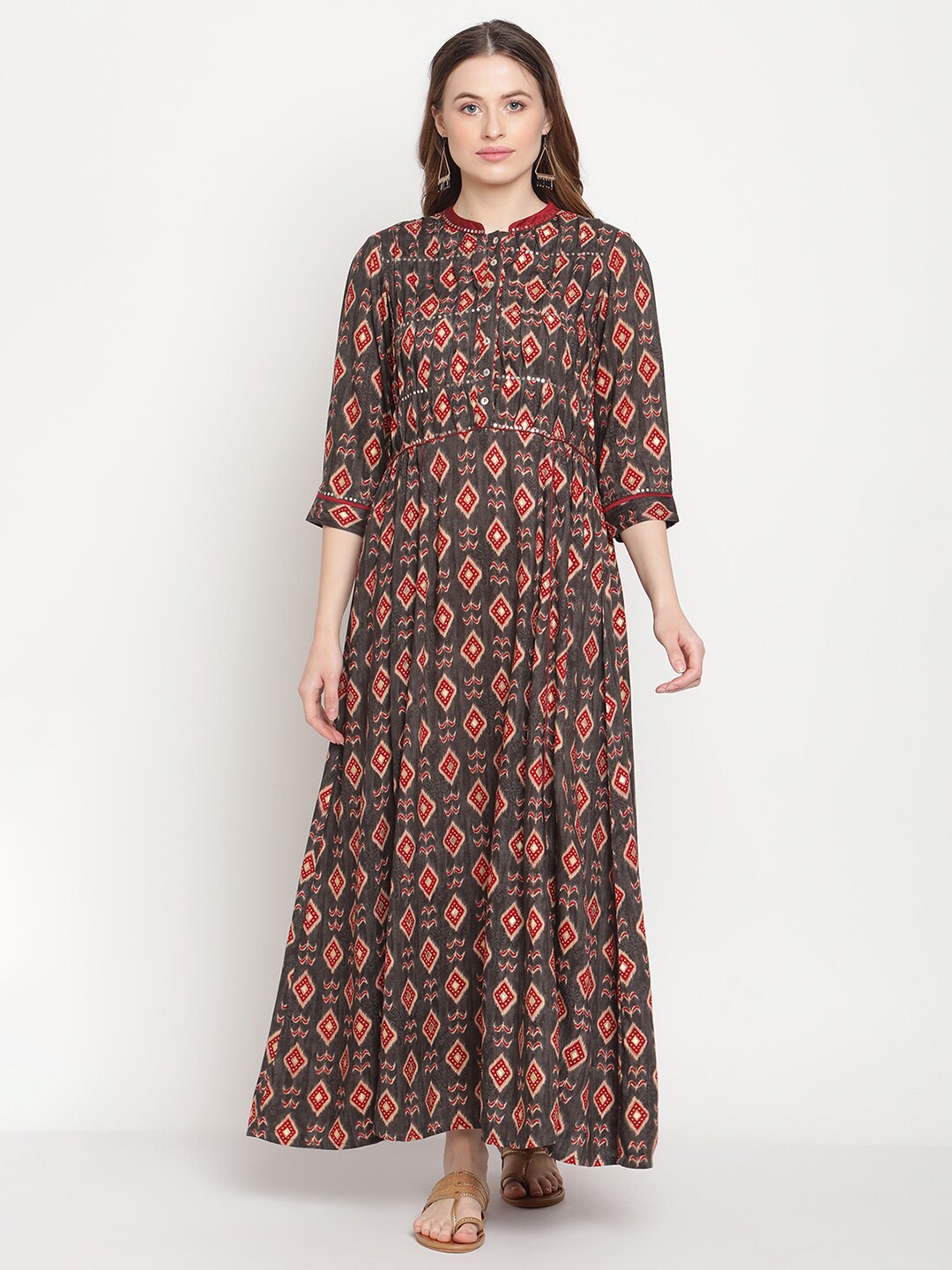 

Be Indi Women Grey & Maroon Printed Maxi Dress