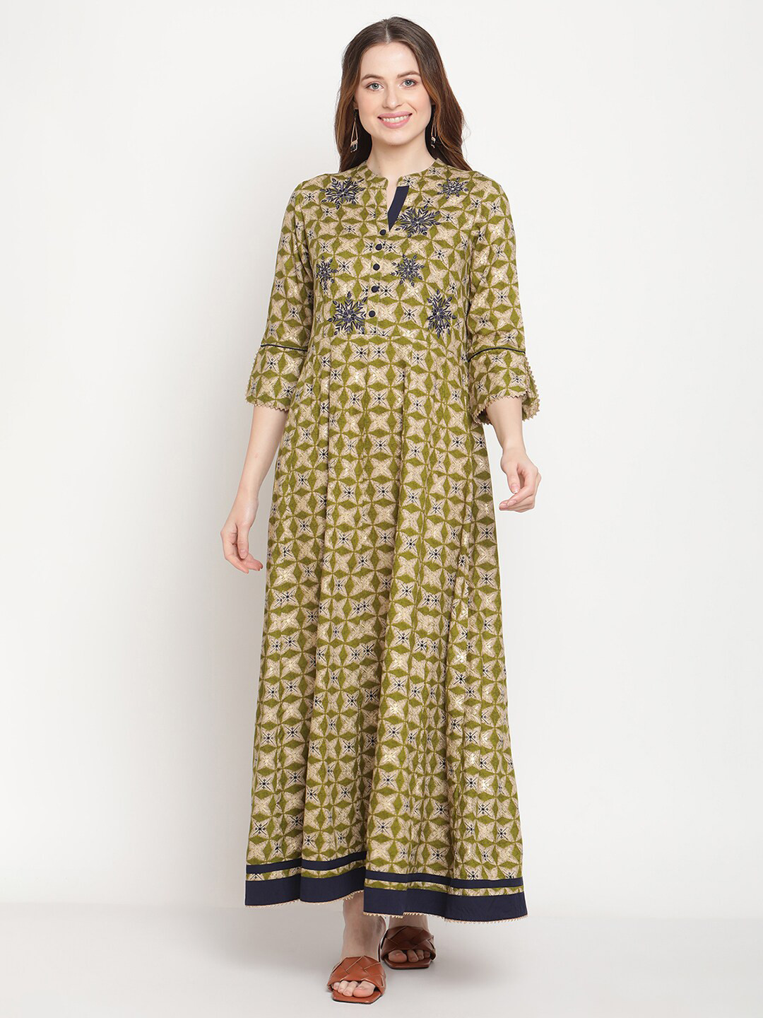 

Be Indi Rayon Floral Printed with Contrast Embroidered Mandarin Collar Maxi Dress, Green